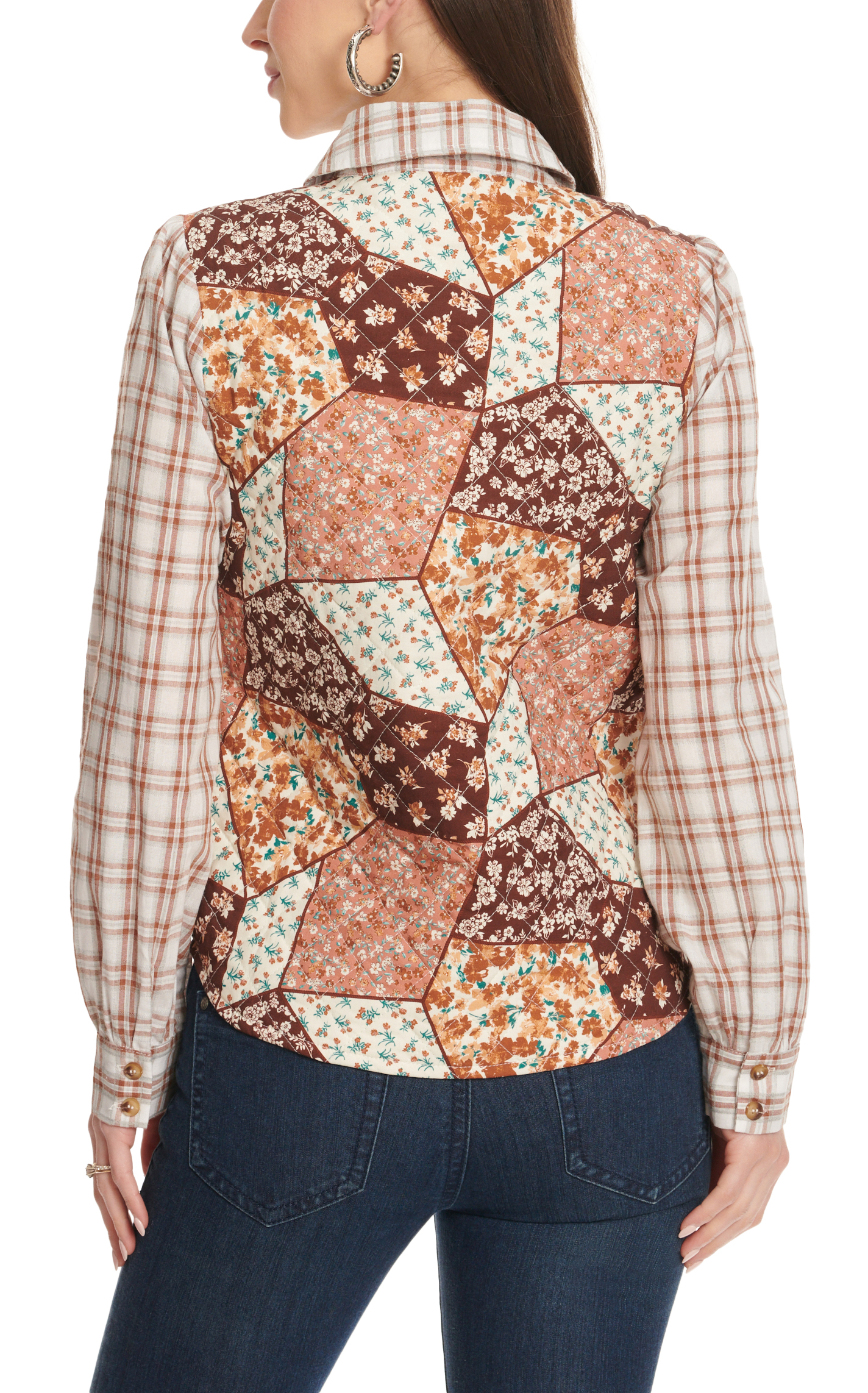 Rockin C Women's Shades of Coffee & Cream Floral Quilted Plaid Long Sleeve Top  - Image 1