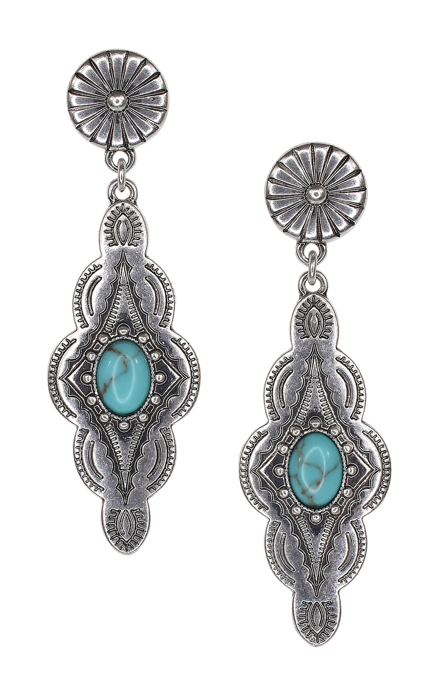 Justin Etched Silver & Turquoise Elongated Concho Earrings - Image 1