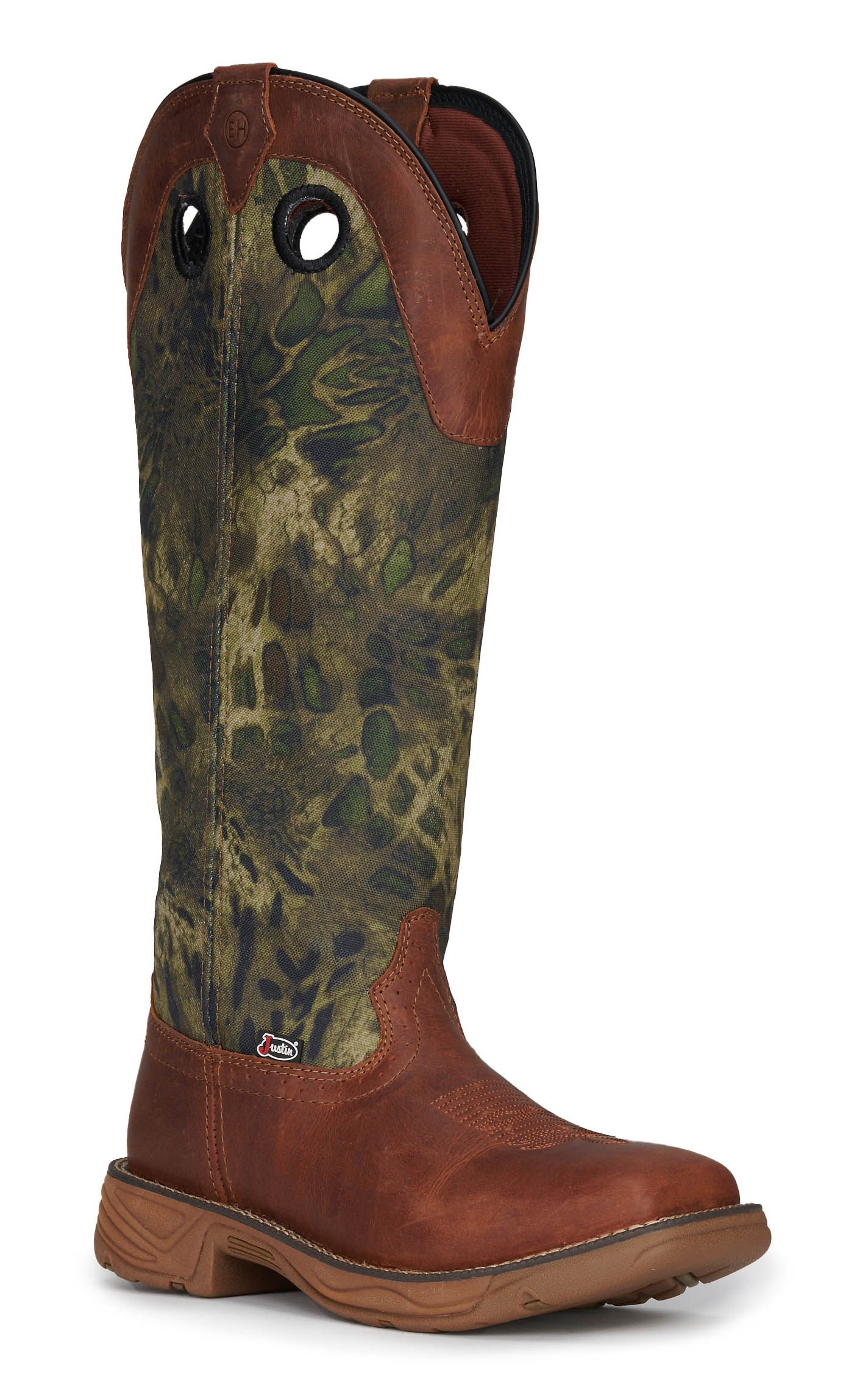Justin Men's Strike Russet Brown and Camo EH Wide Square Toe Snake Boots - Image 1