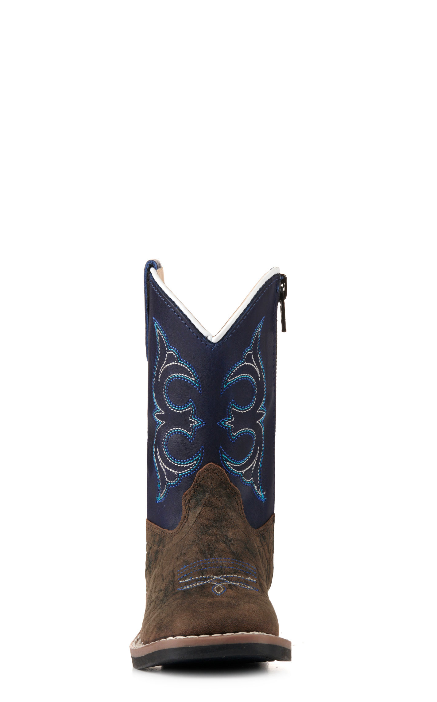 Old West Toddler Dark Brown and Blue Wide Square Toe Cowboy Boots - Image 1