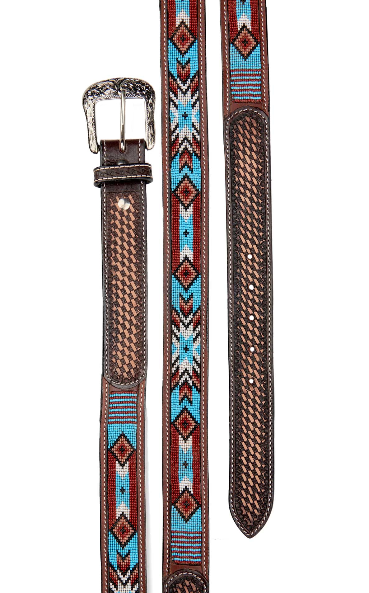 Ranger Belt Company Men's Brown with Blue Beaded Aztec Pattern Western Belt - Cavender's Exclusive - Image 1