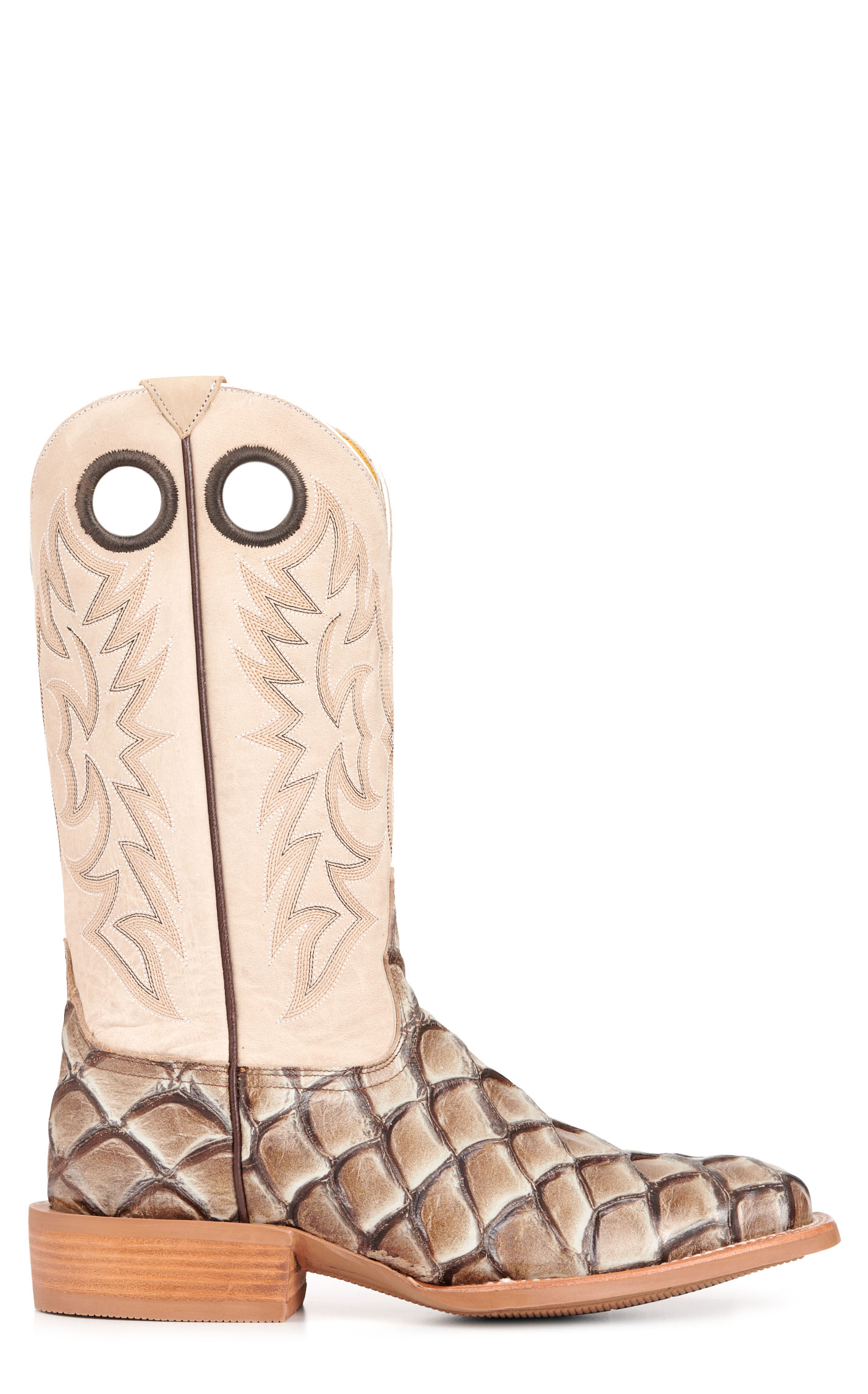 Cavender's Men's Intrepid Glazed Taupe and Light Gray Pirarucu Print Wide Square Toe Cowboy Boots - Image 1