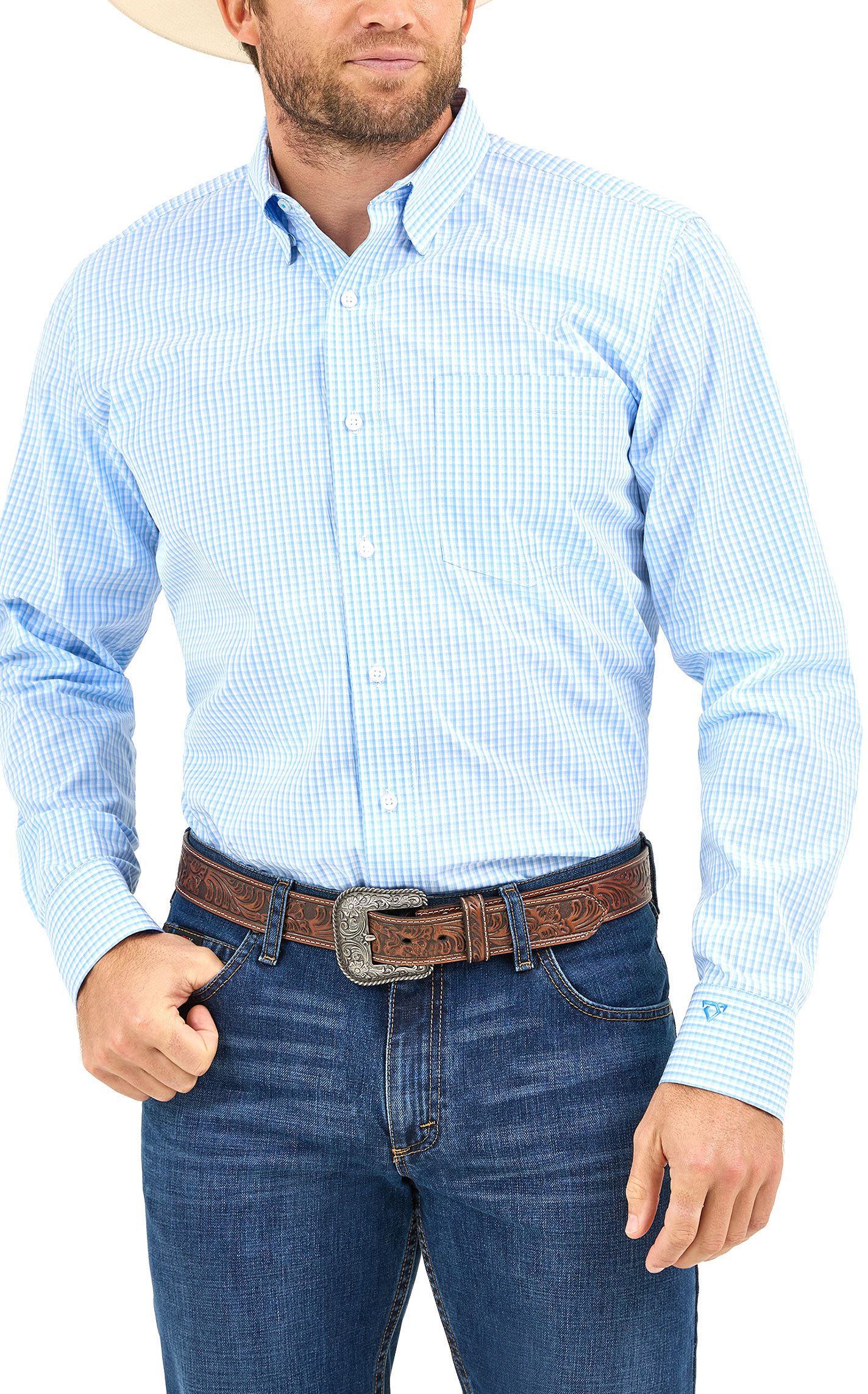 Cody Johnson Men's Light Blue Checked Long Sleeve Western Shirt - Image 1
