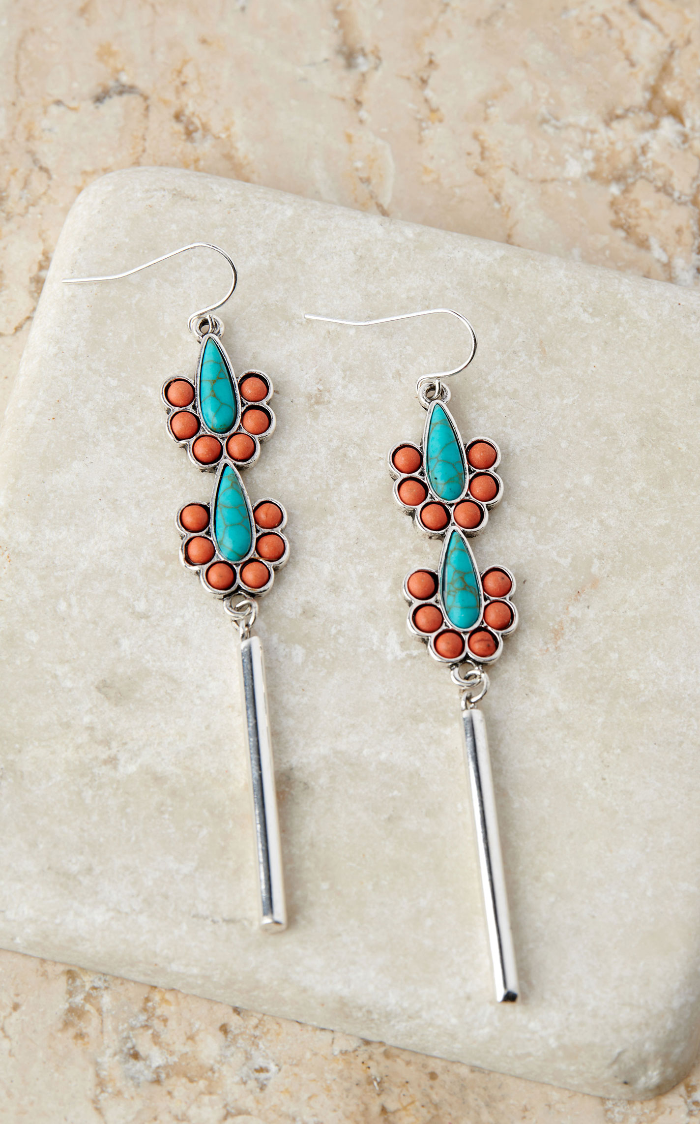 Justin Women's Silver with Turquoise and Coral Stone Dangle Earrings - Image 1