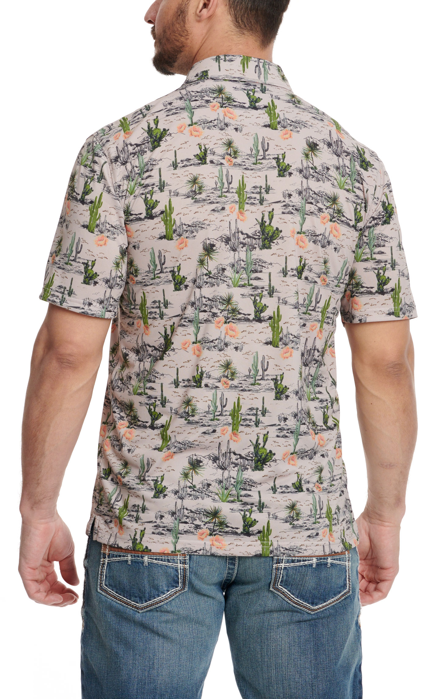 Ariat TEK Men's Taupe & Colorful Desert Cactus Print Short Sleeve Polo Shirt - Image 1
