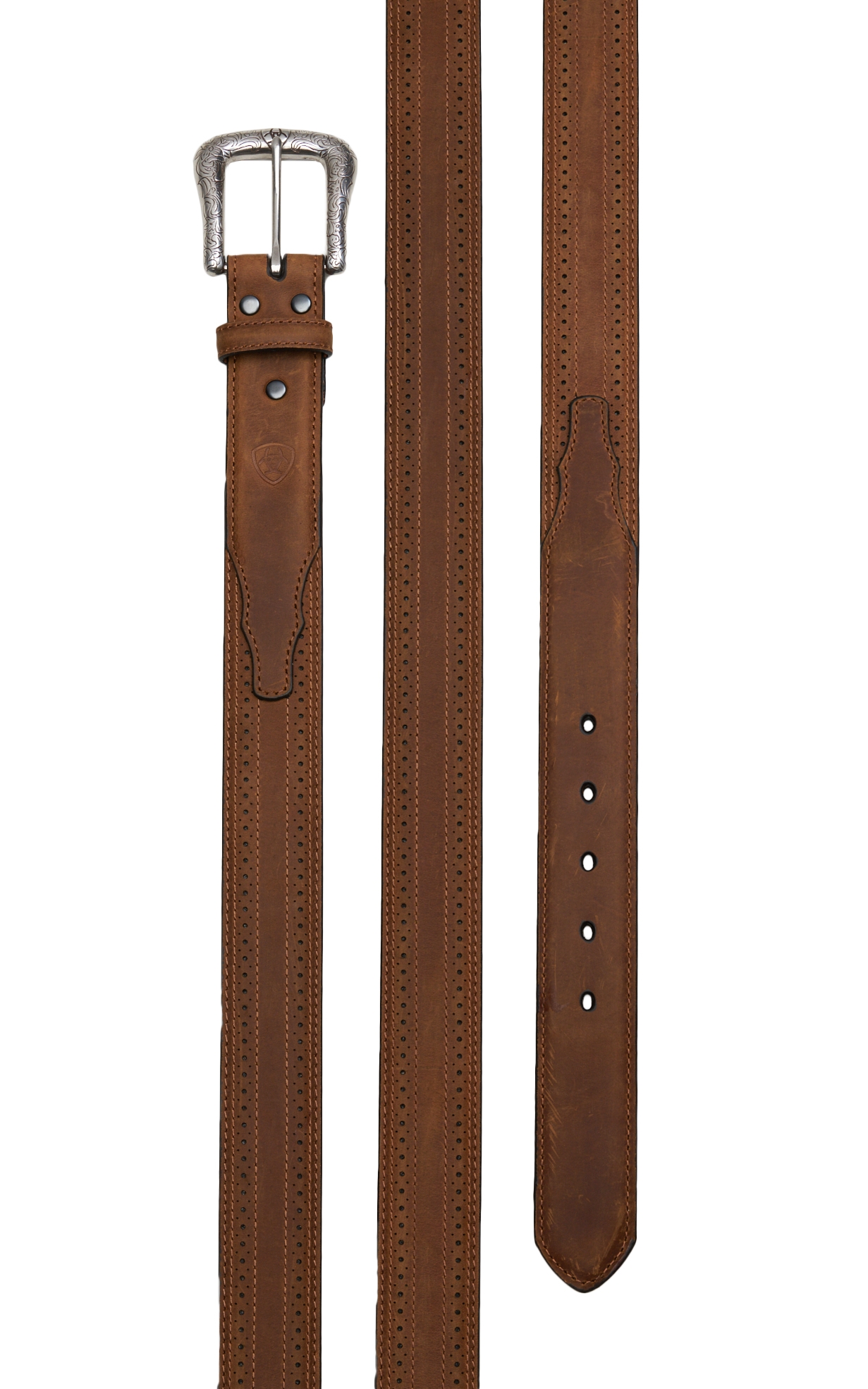 Ariat Men's Brown Leather Tooled Edge with Etched Buckle Western Belt - Image 1