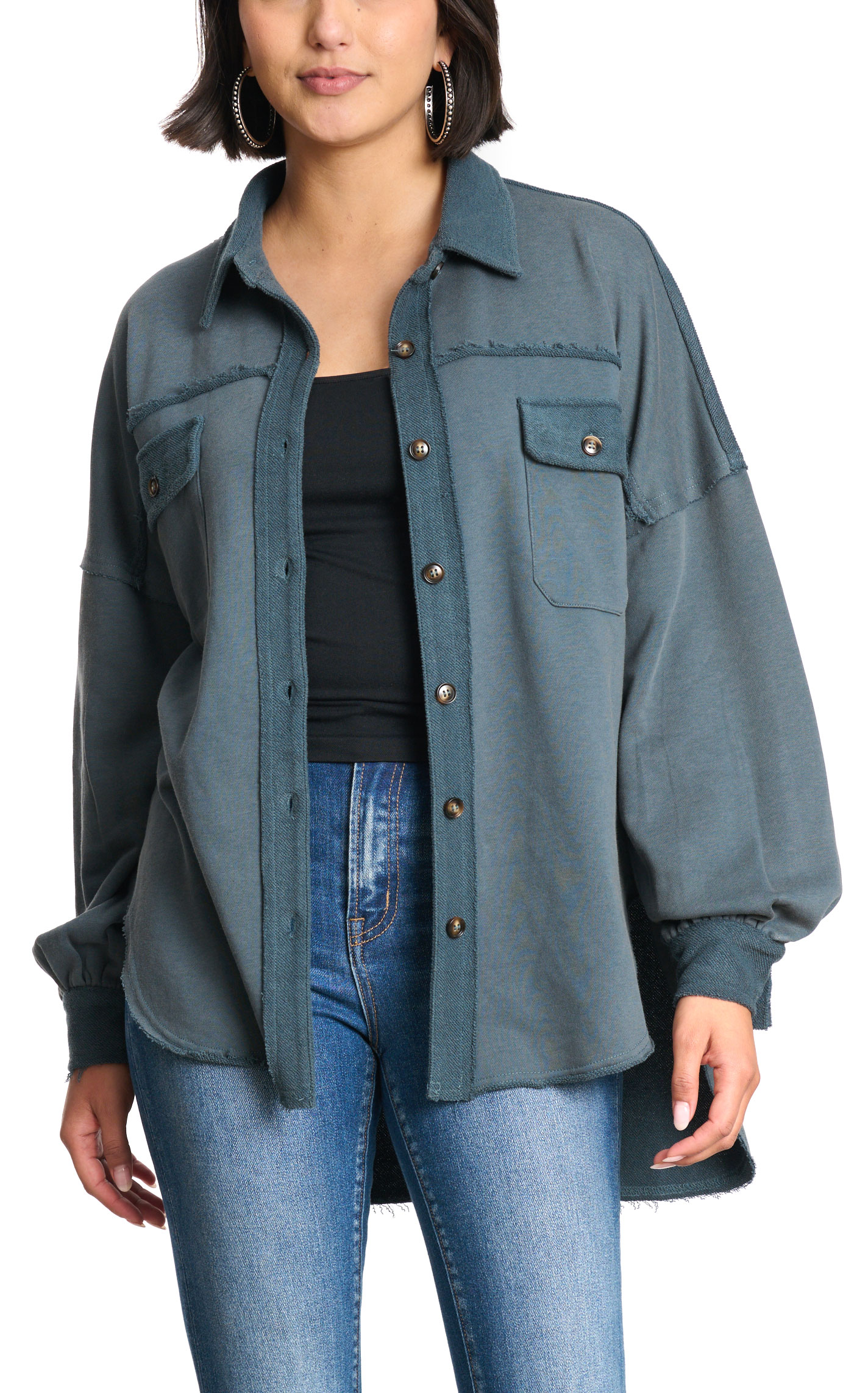 Blue B Women's Worn Denim Blue Solid Shacket - Image 1