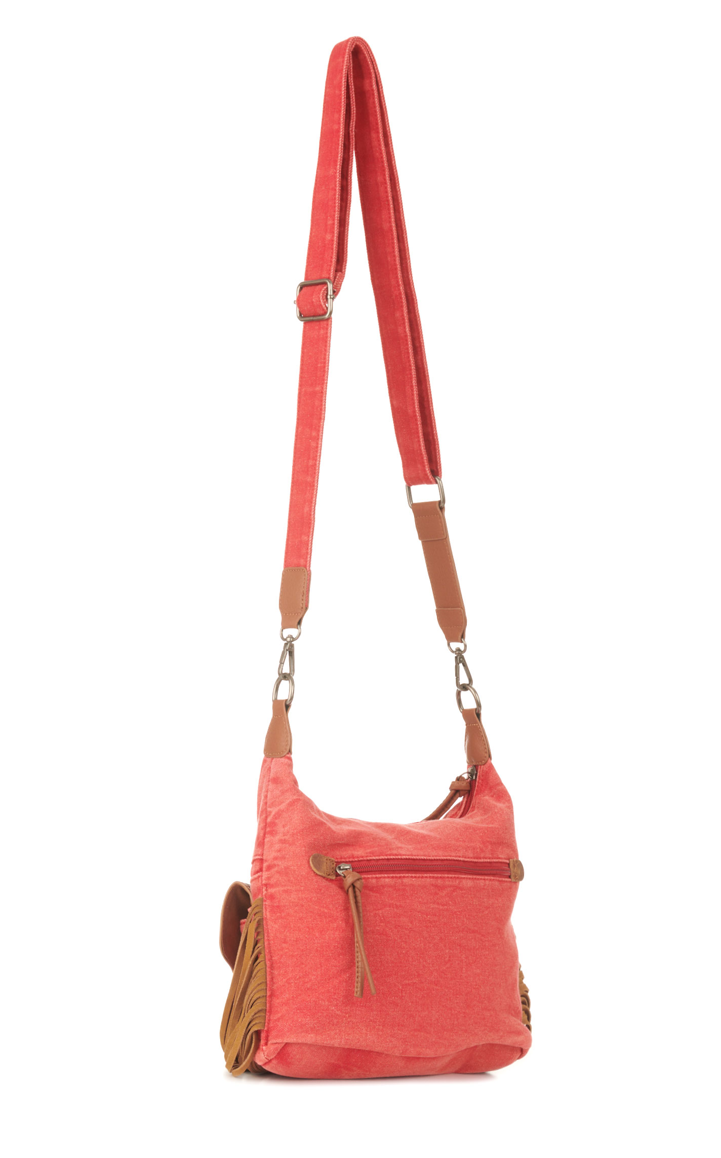 Wrangler Red Denim & Floral Tooled Leather Fringed Crossbody Bag - Image 1