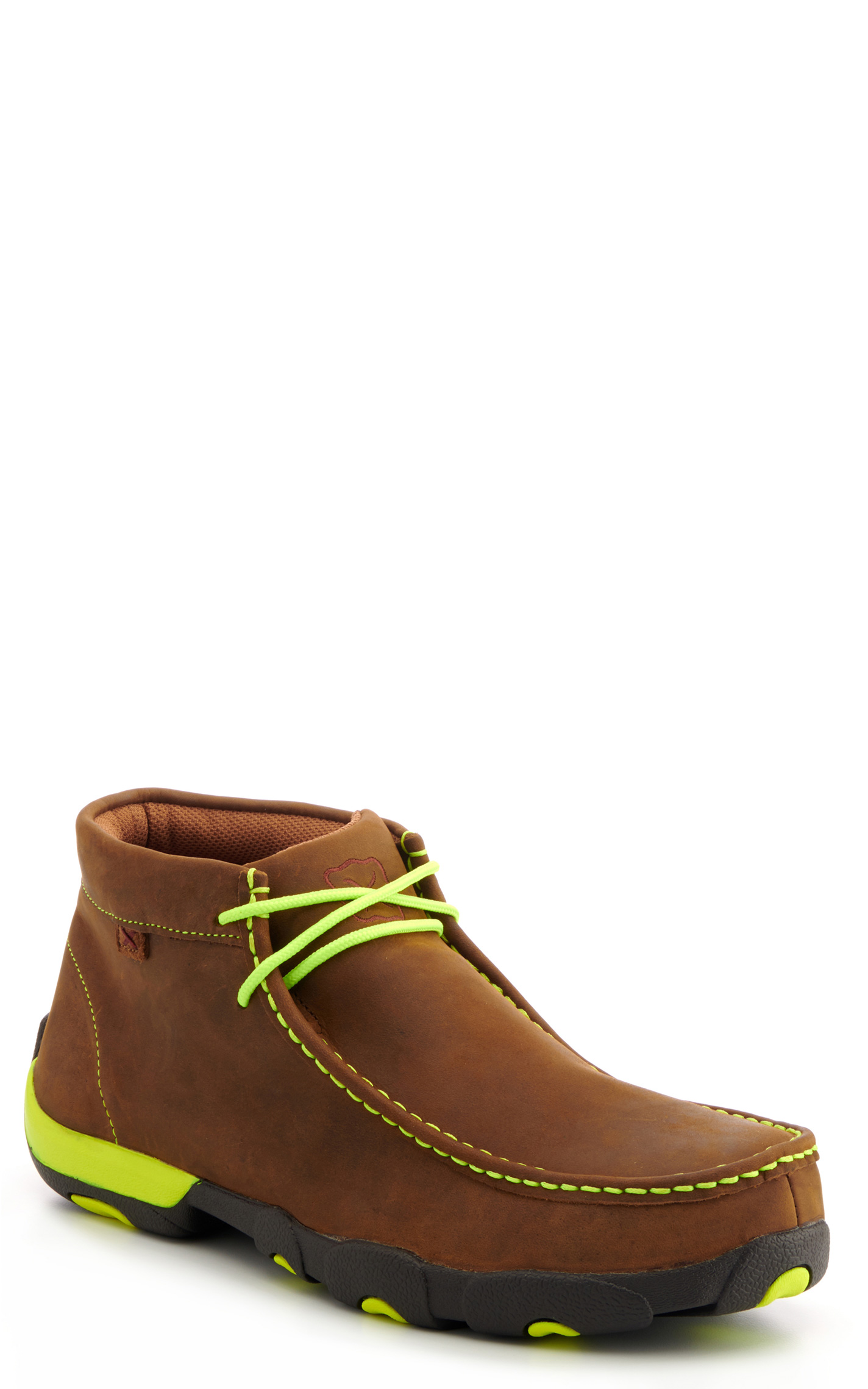 Twisted X Men's Distressed Brown with Neon Yellow Laces Chukka Driving Moc Steel Toe Work Shoe - Image 1