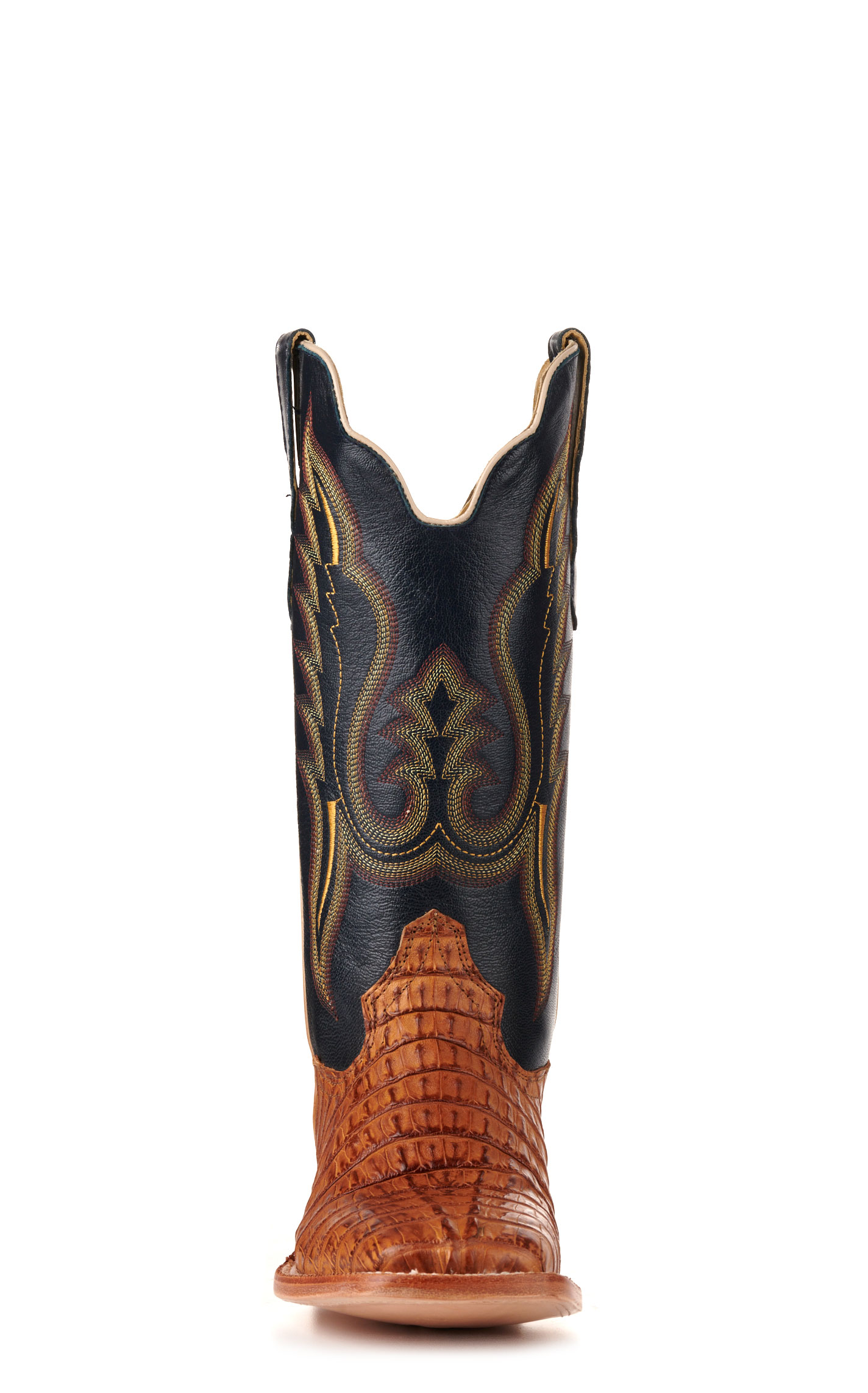 R. Watson Men's Saddle Hornback Caiman Tail and Navy Wide Square Toe Exotic Cowboy Boots - Image 1