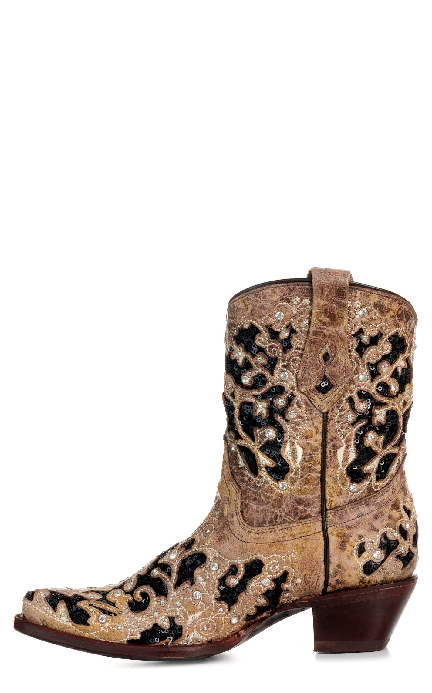 Corral Women's Brown with Black Glitter & Crystals Inlay Snip Toe Cowboy Booties - Image 1
