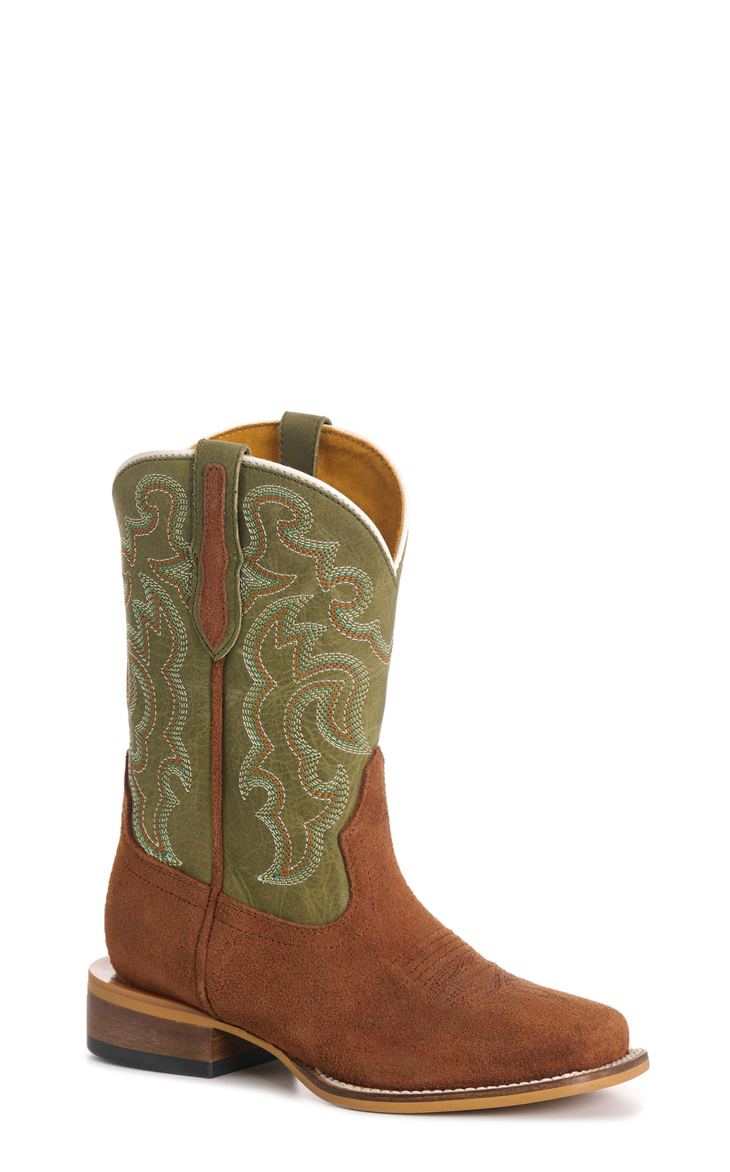 Cavender’s Youth Olive Green & Brown Roughout Suede Square Toe Cowboy Boots - Image 1