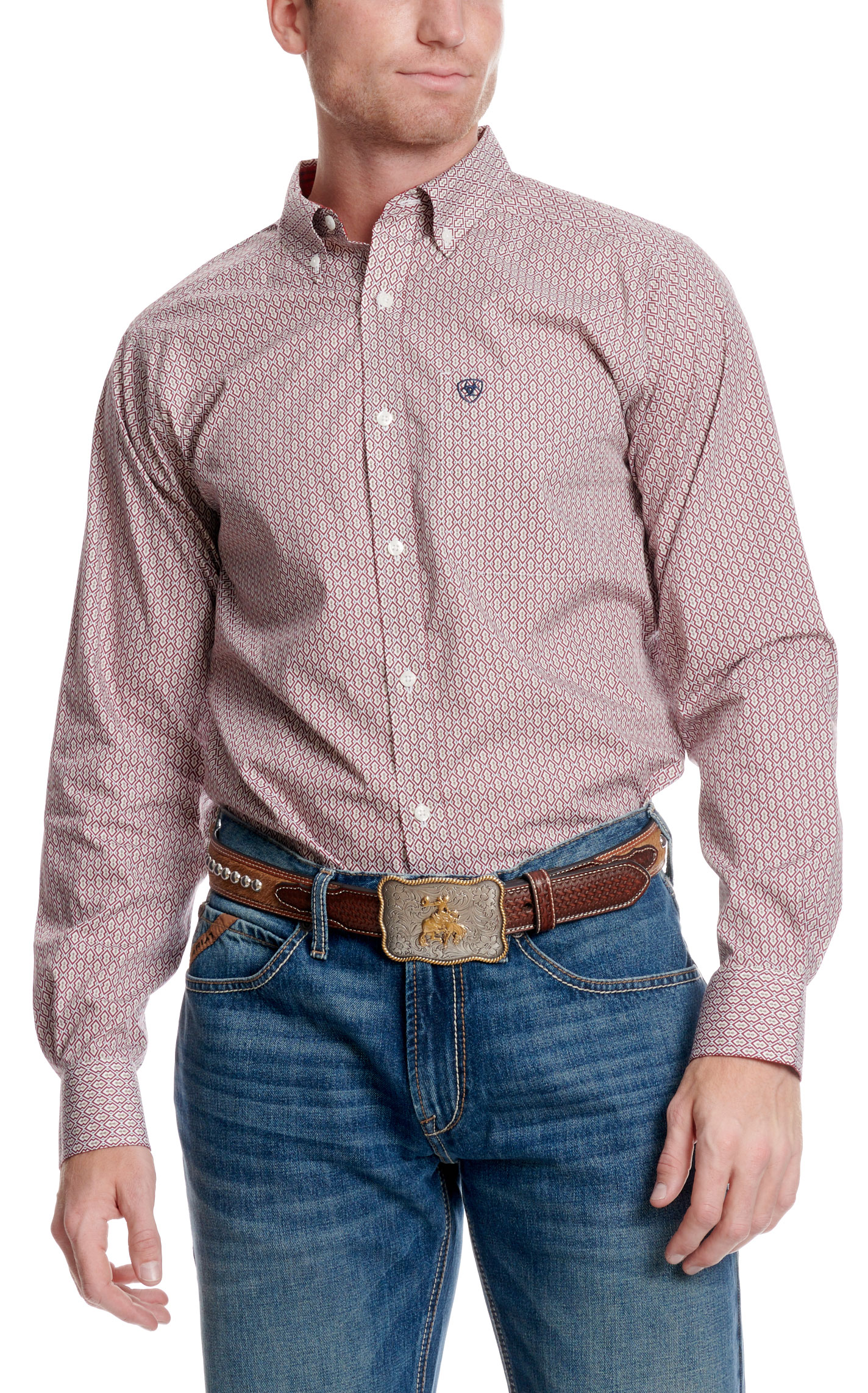 Ariat Men's Iven Red & Taupe Geo Print Western Shirt - Image 1