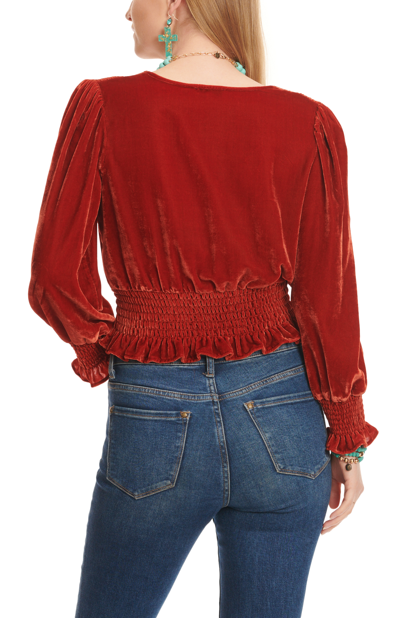 Another Love Women's Candice Brick Red Velour Smocked Long Sleeve Top - Image 1
