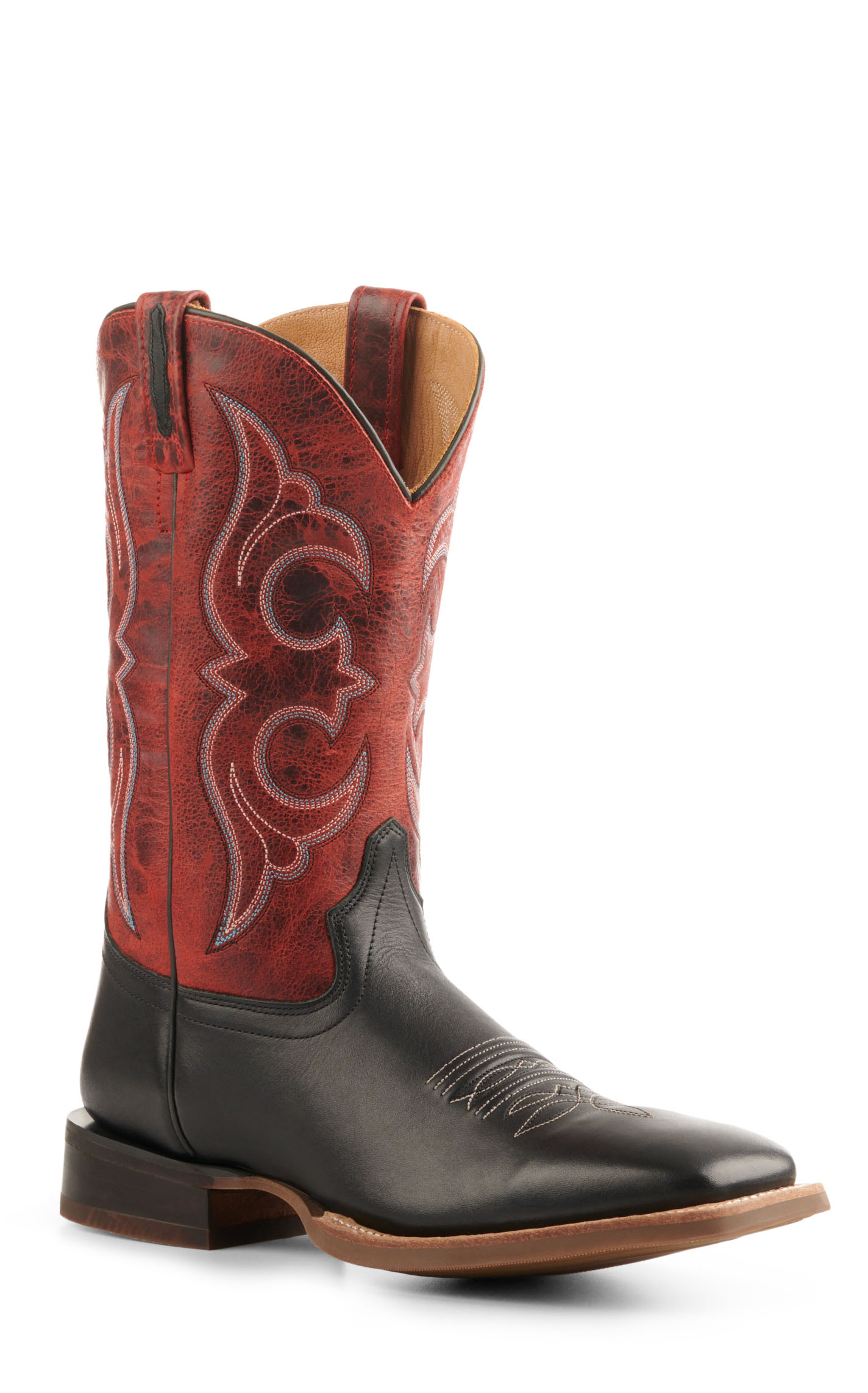 Old West Men's Black and Burnt Red Wide Square Toe Cowboy Boots - Image 1