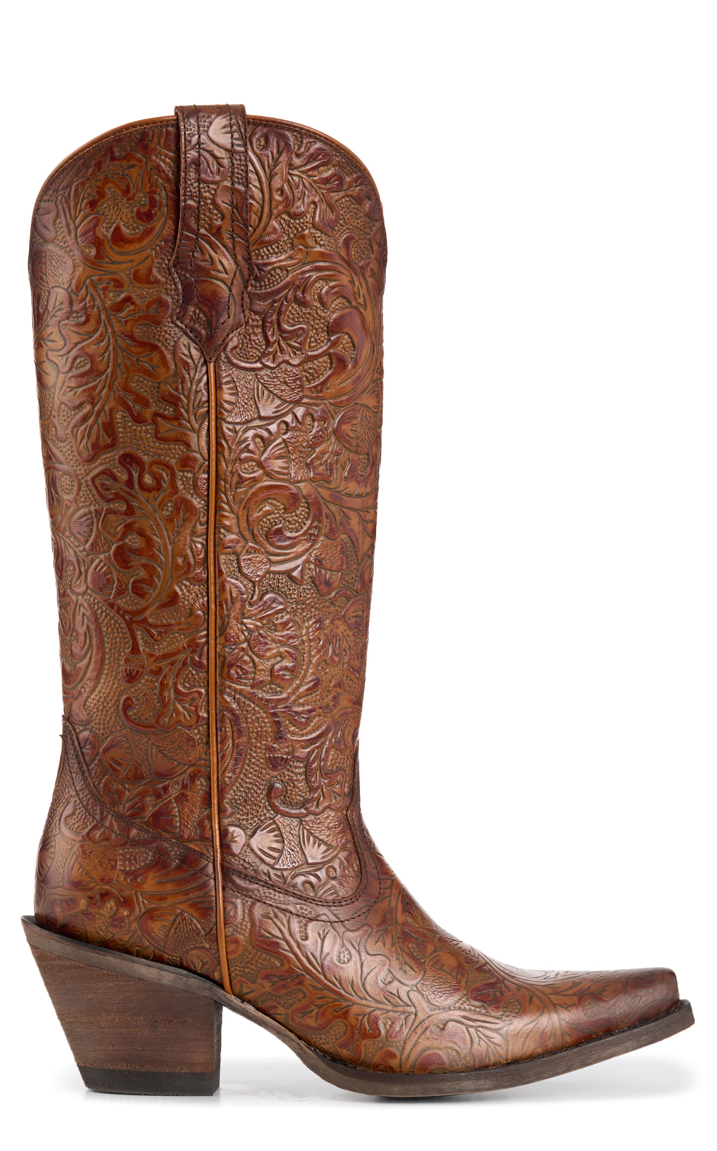 Rockin' C Women's Nut Brown Tooled Snip Toe Cowboy Boots - Image 1