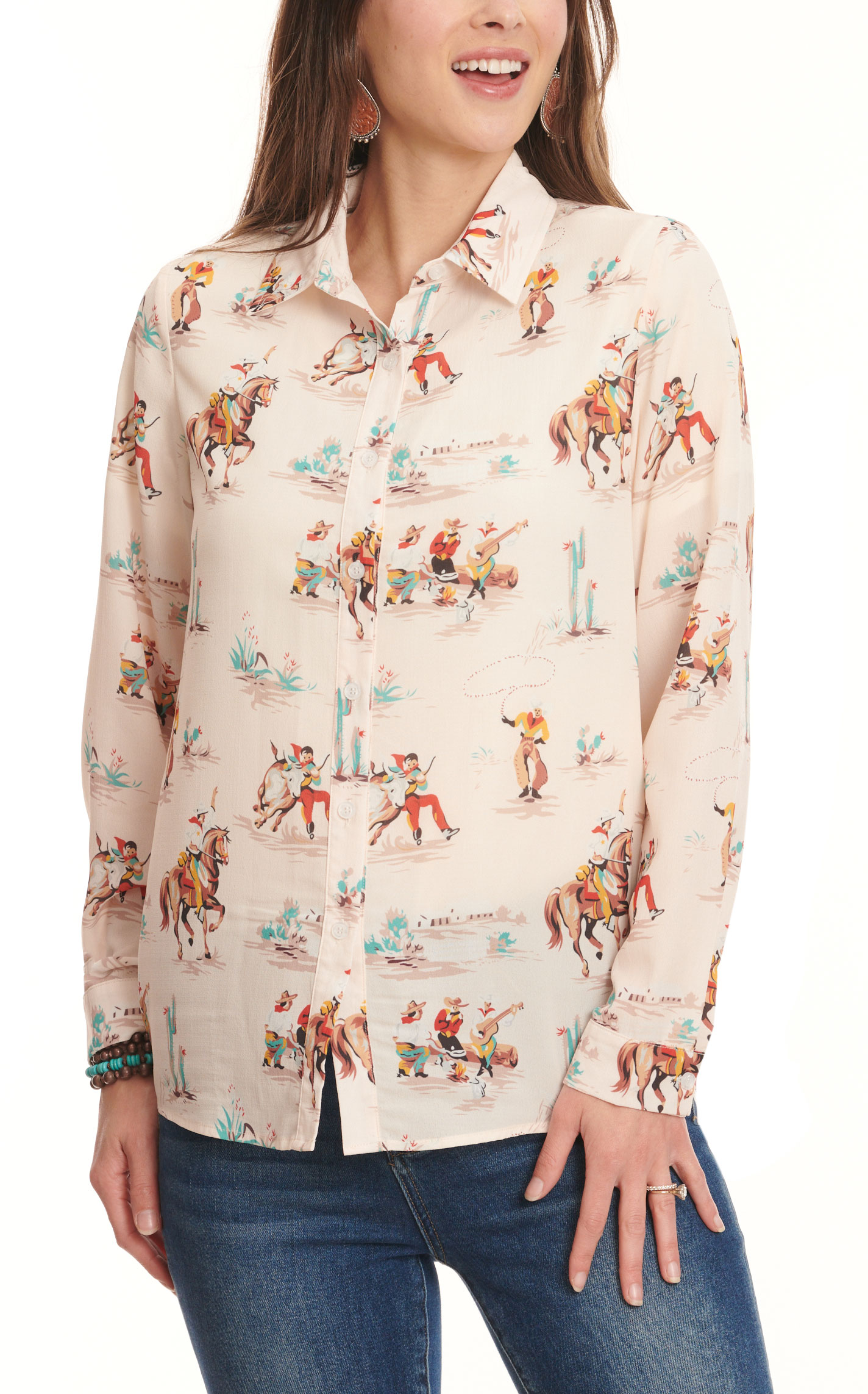 Fashion Express Women's Pale Peach & Colorful Retro Western Print Long Sleeve Top - Image 1