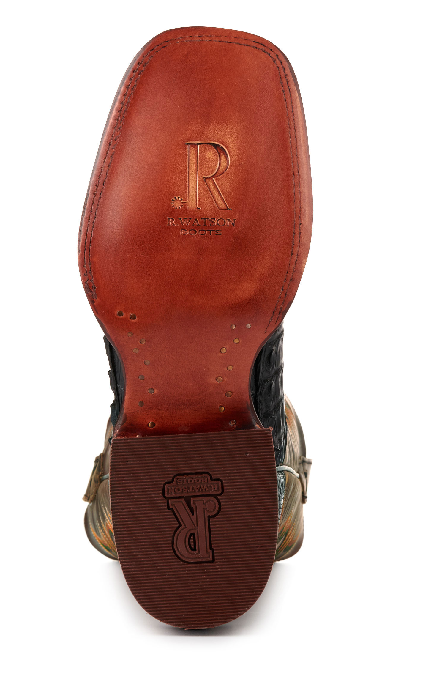 R. Watson Men's Black Caiman Tail and Tan Wide Square Toe Exotic Cowboy Boots - Image 1
