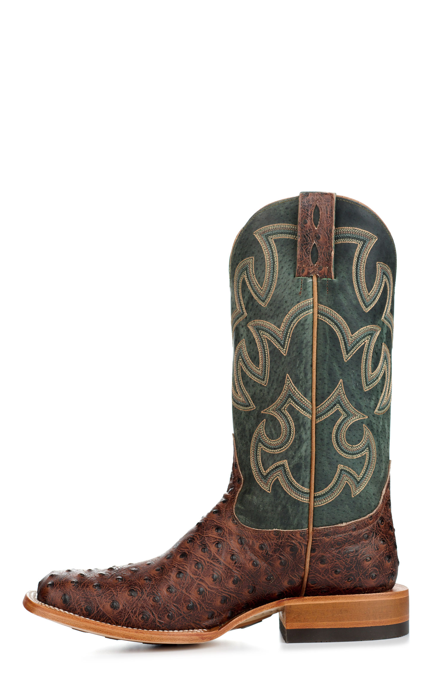 Cavender's Men's Endurance Deep Green and Brown Ostrich Print Wide Square Toe Cowboy Boots  - Image 1