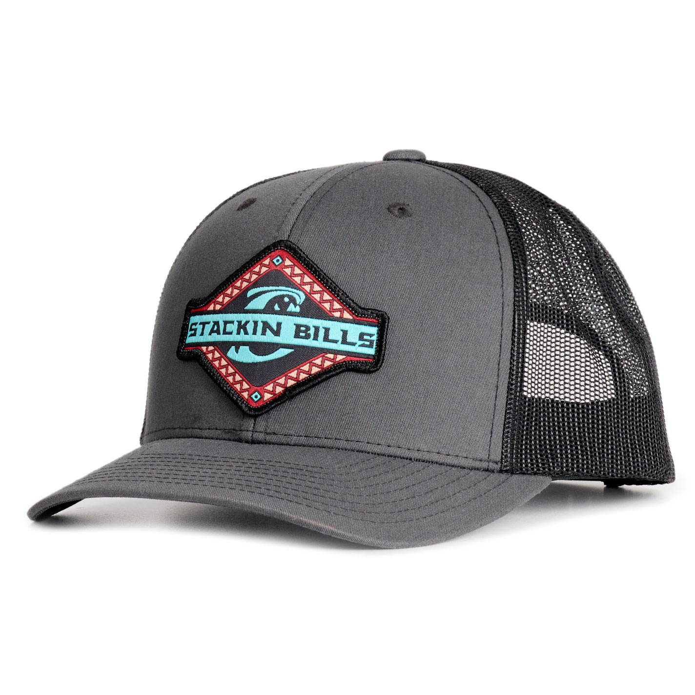 Stackin Bills Charcoal & Black Outlaw Patch Flat Bill Mesh Cap - Image 1