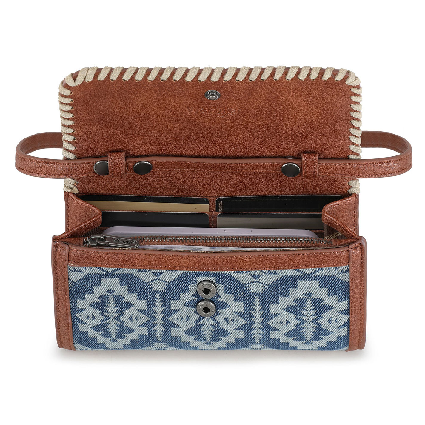 Wrangler Aztec Denim Whipstitch Crossbody Wallet - Image 1