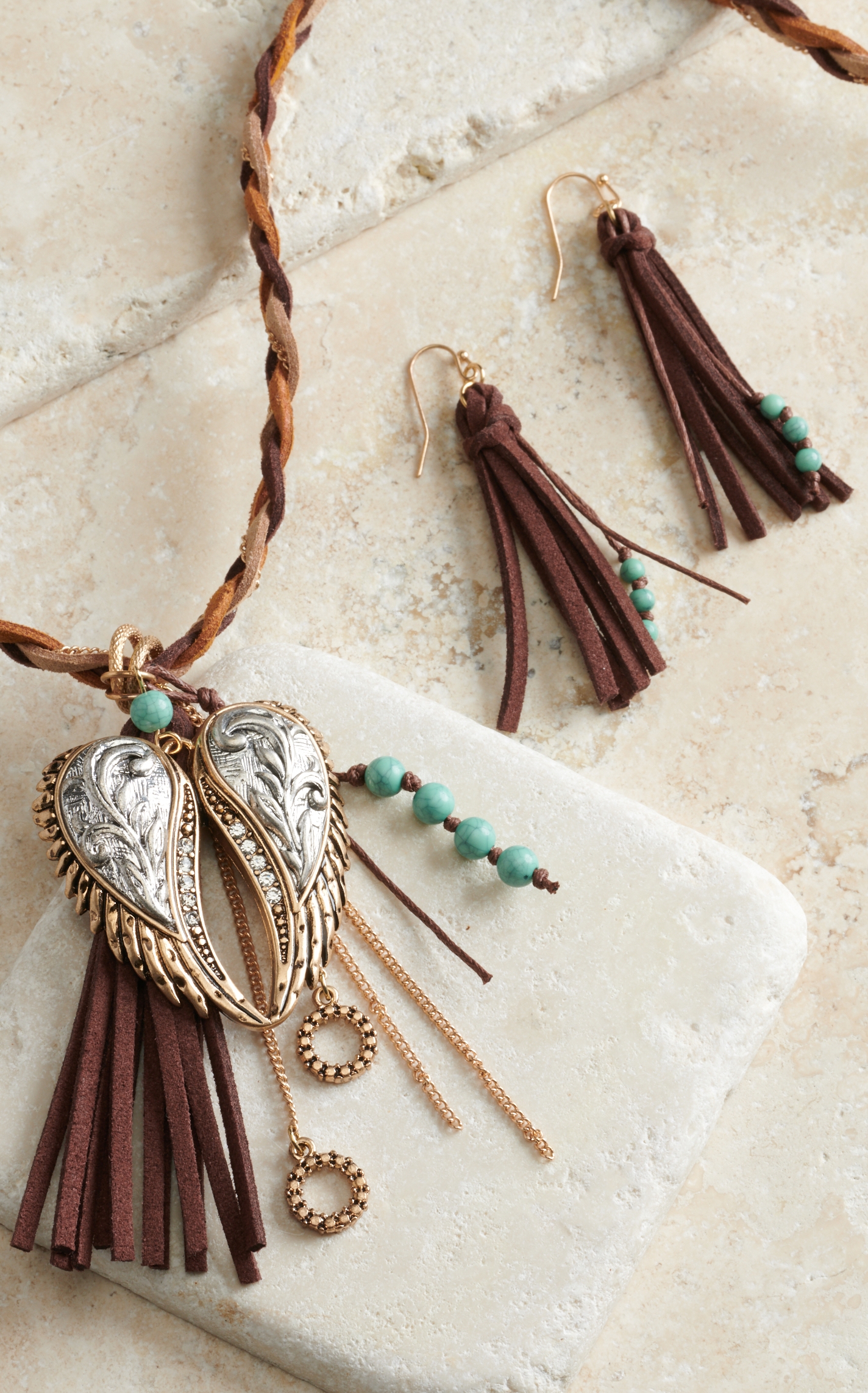 Blazin Roxx Braided Necklace with Wings & Fringe Earrings Jewelry Set - Image 1
