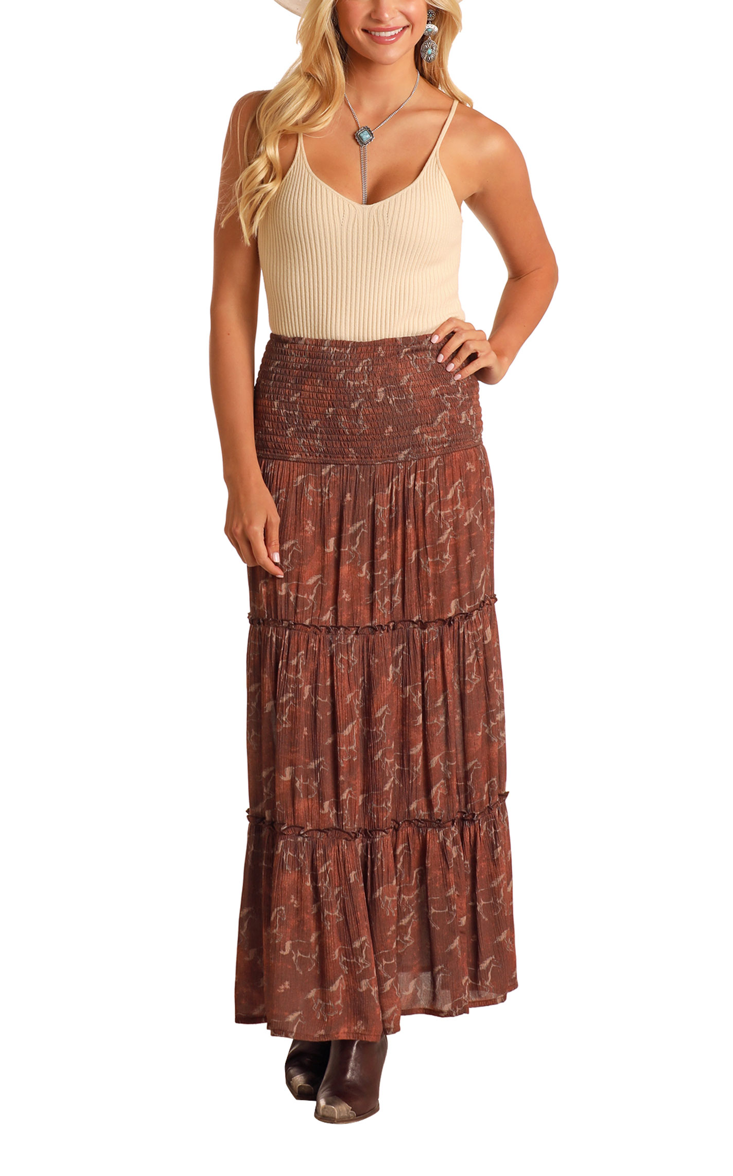 Rock & Roll Denim Women's Brown Tiered Horse Print Maxi Skirt - Image 1
