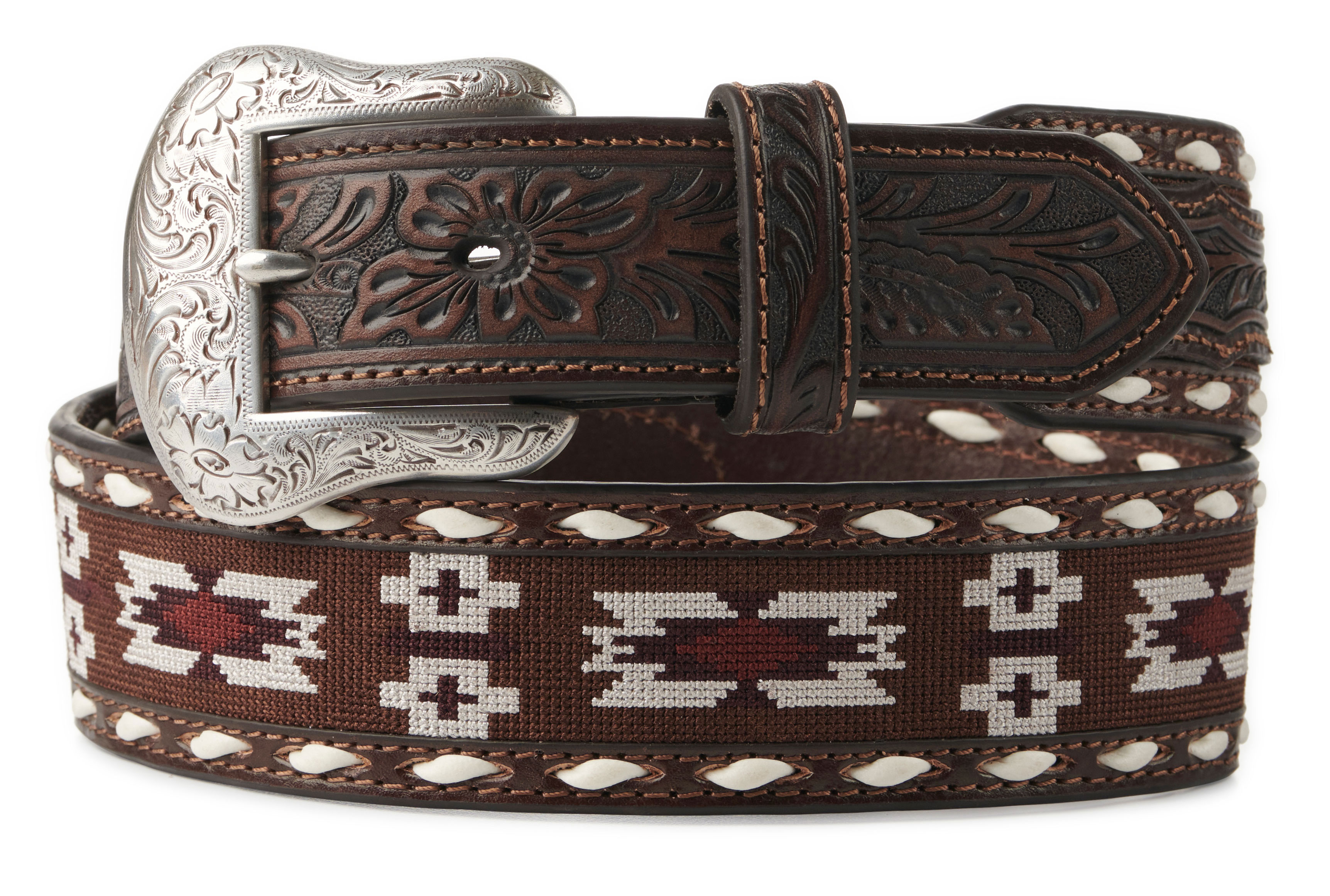 Nocona Men's Brown with Aztec Stitch and Whipstitching Western Belt - Image 1