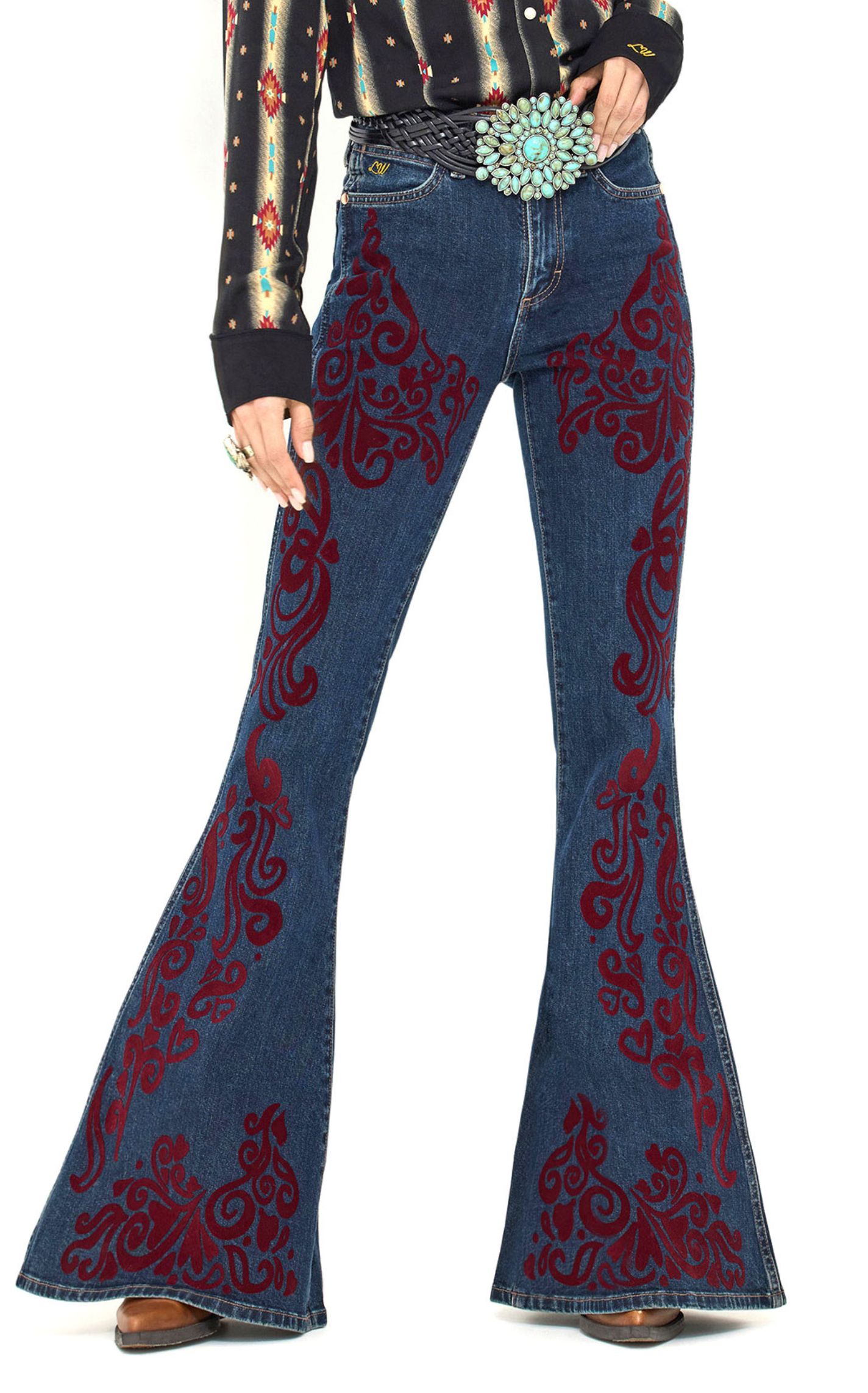 Wrangler X Lainey Wilson Women's Dark Wash Maroon Boot Stitch Bell Bottom Jeans - Image 1
