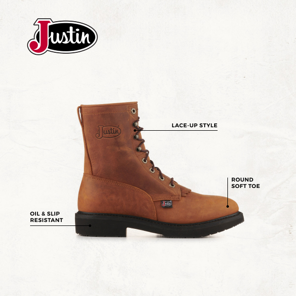 Justin Men's Livestock Aged Brown Soft Round Toe Lace Up Work Boot - Image 1