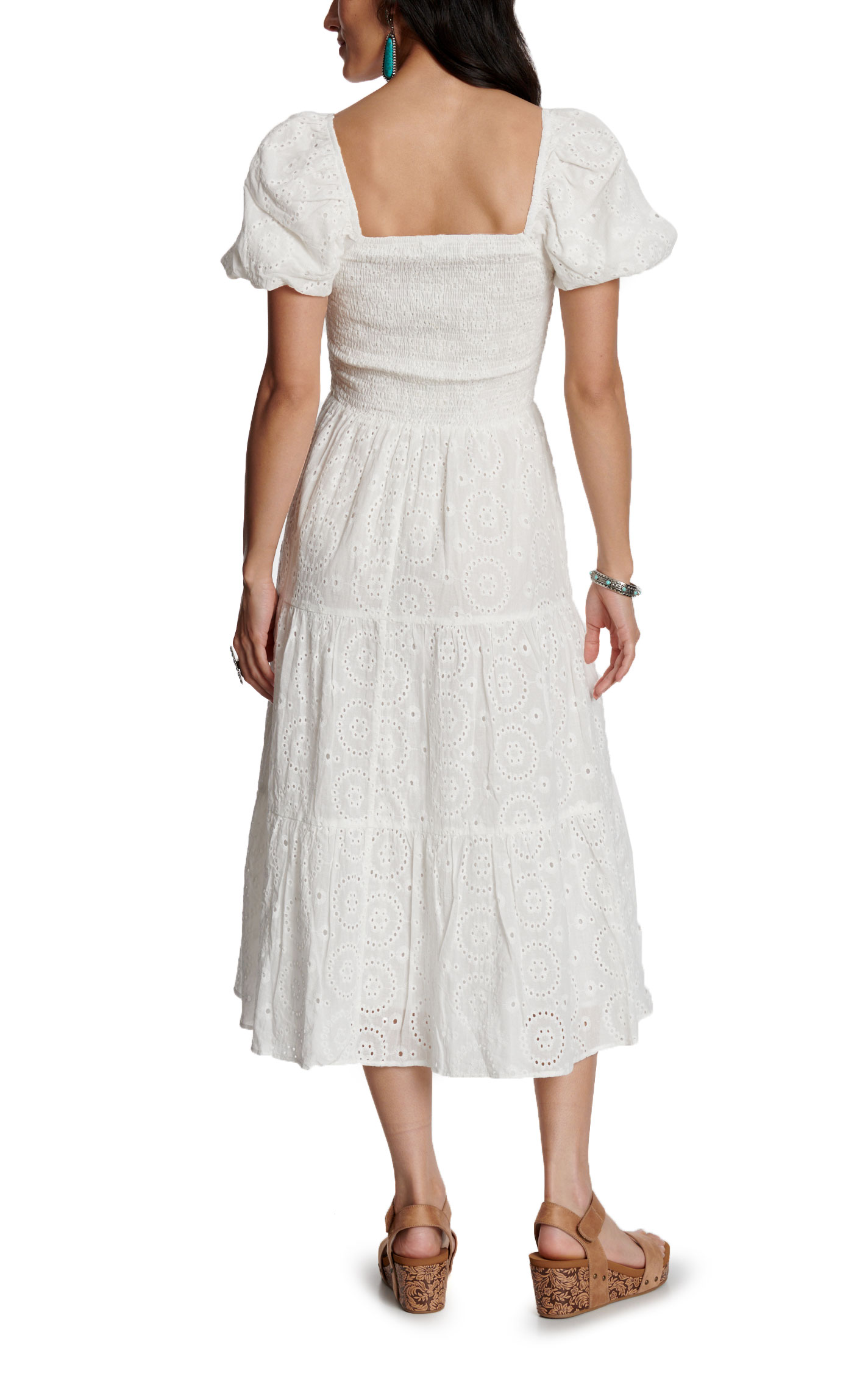 Rockin C Women's White Eyelet Puff Sleeve Smocked Midi Dress - Image 1