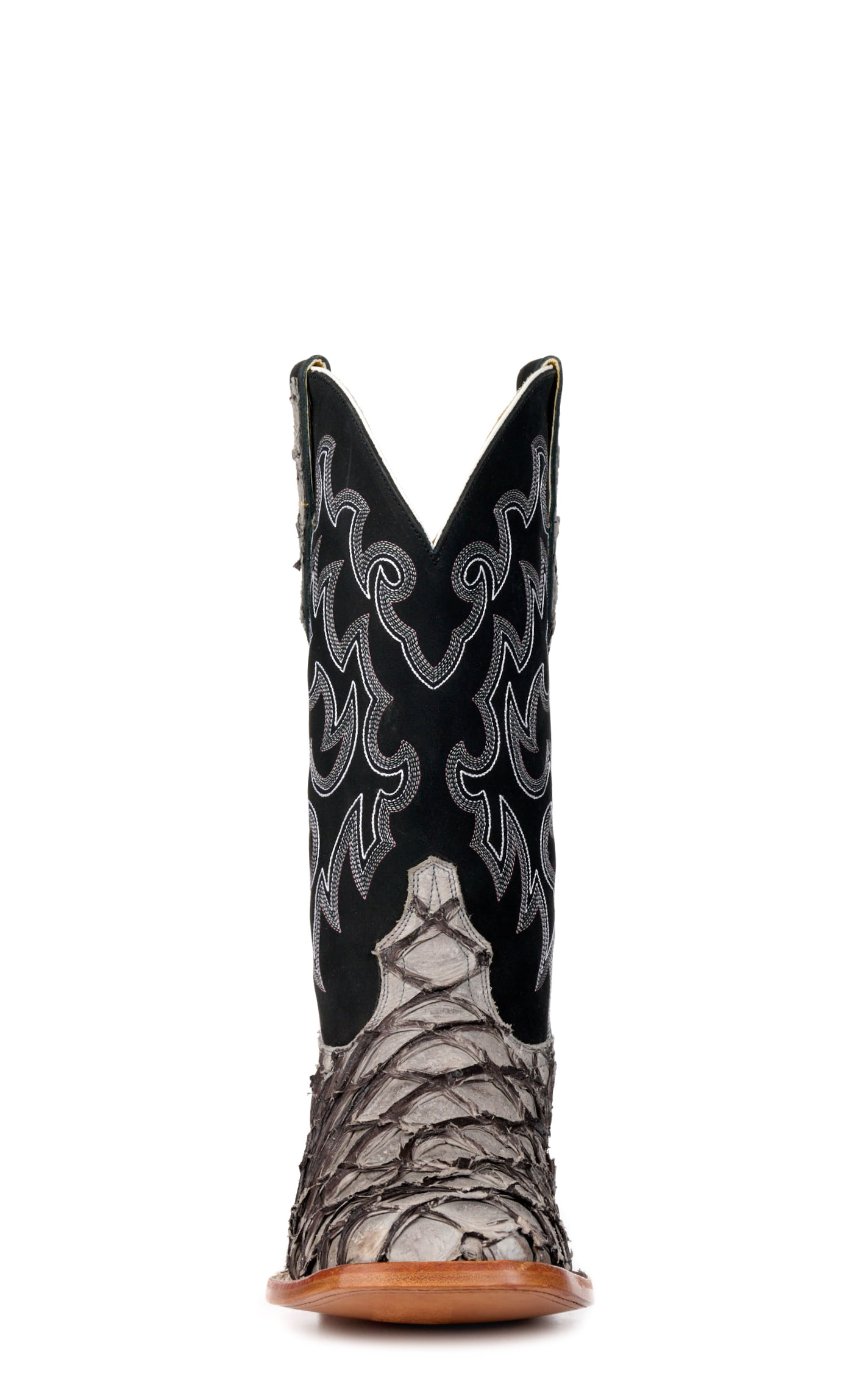 Cavender’s Men’s Charcoal Gray Pirarucu and Black Wide Square Toe Exotic Cowboy Boots - Image 1