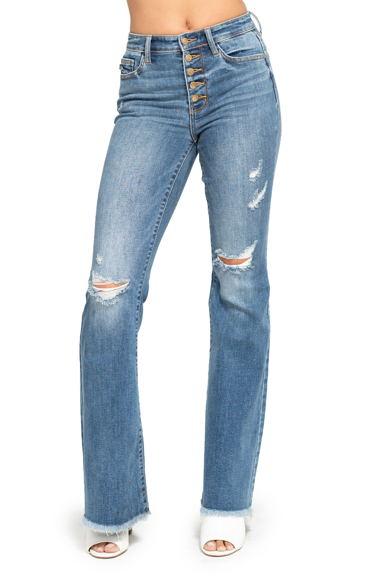 Judy Blue Women’s Mid Rise Dark Wash Button Fly Flare Jeans - Image 1