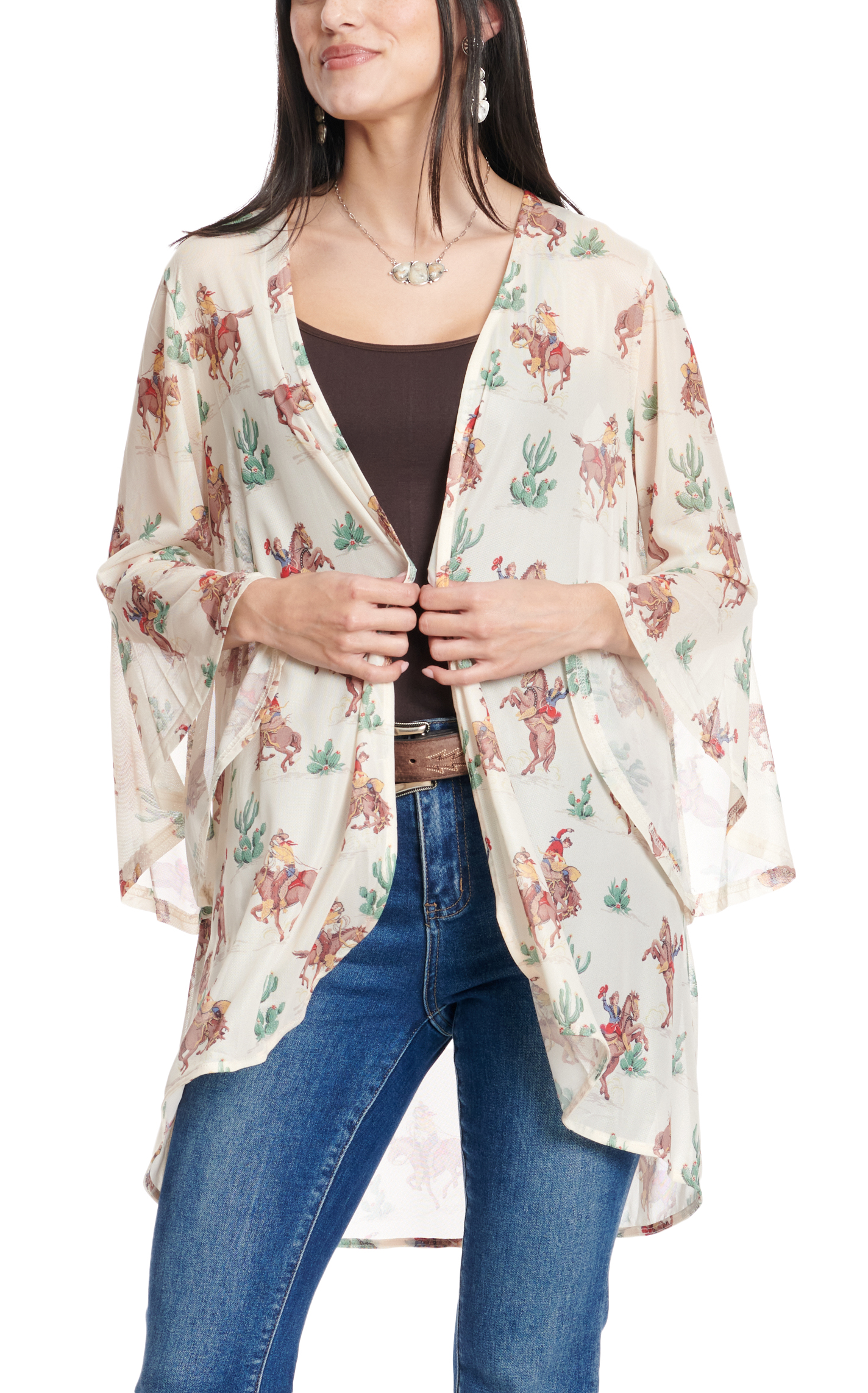 Fashion Express Women's Toasted Sand Retro Cowboy & Desert Print Lightweight Kimono - Image 1