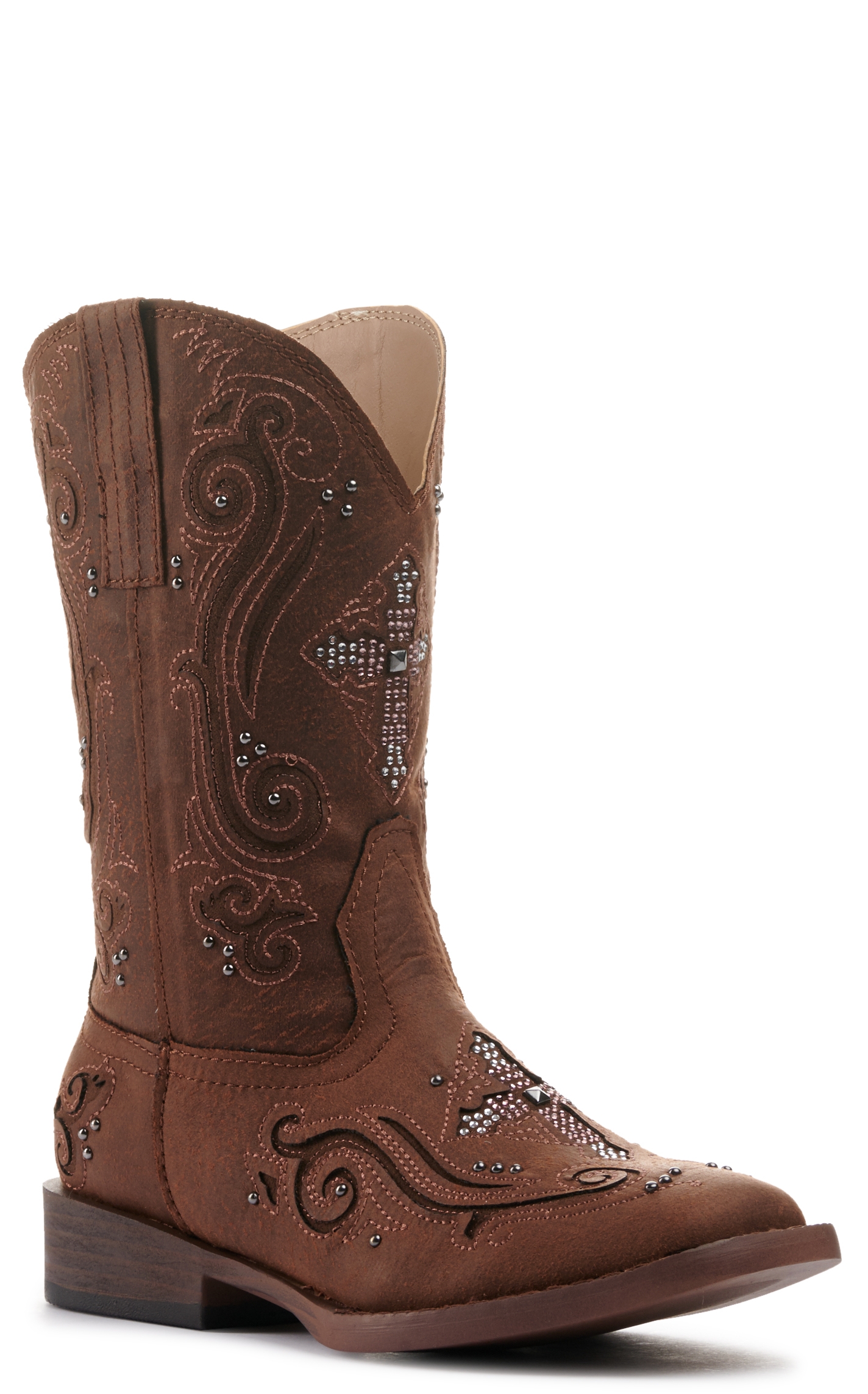 Roper Kids Brown with Crystal Cross & Studs Square Toe Cowboy Boots - Image 1