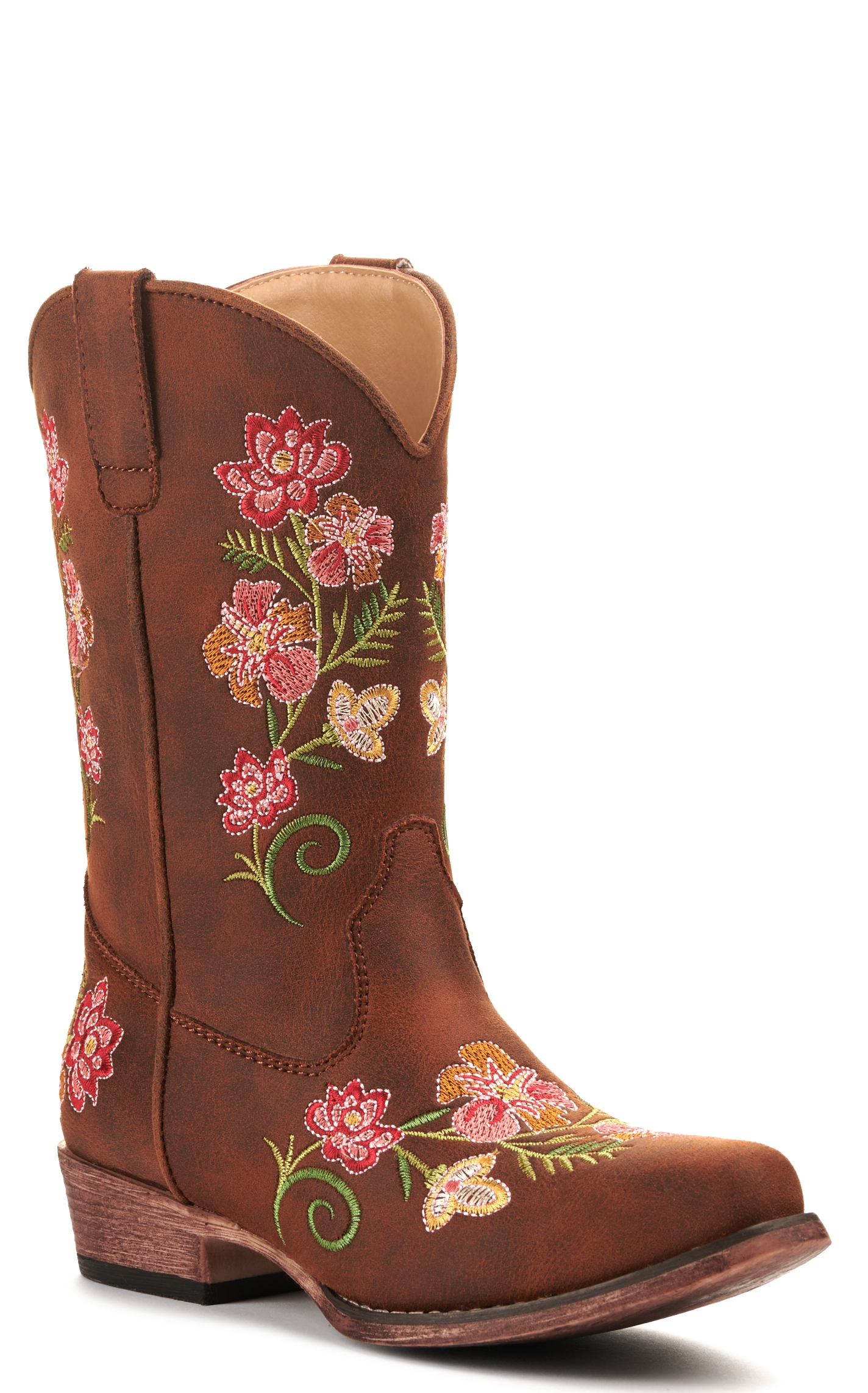 Roper Girls' Brown with Floral Embroidery Snip Toe Cowboy Boot - Image 1