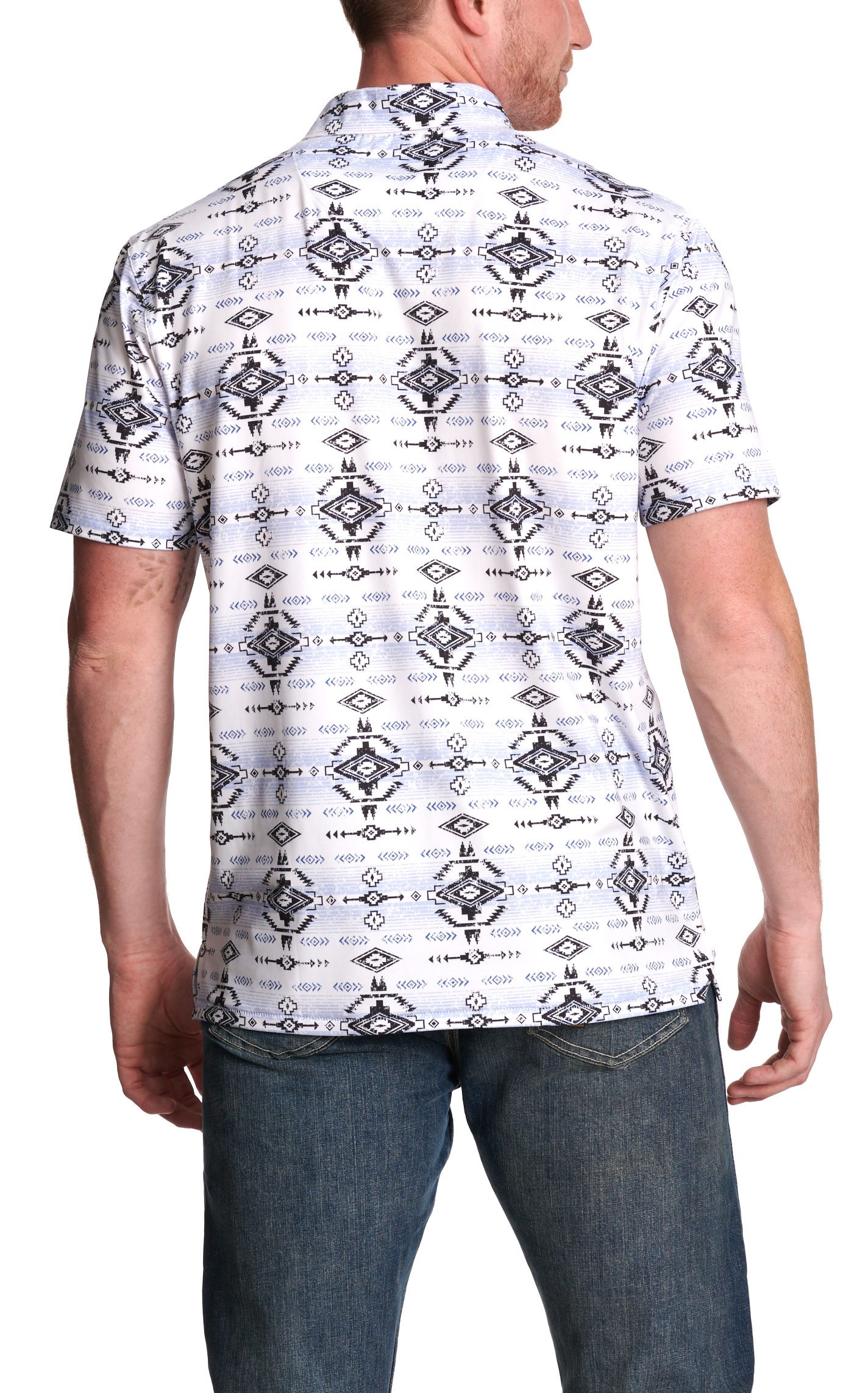 Rafter C Men’s White & Blue Aztec Polo Shirt - Image 1