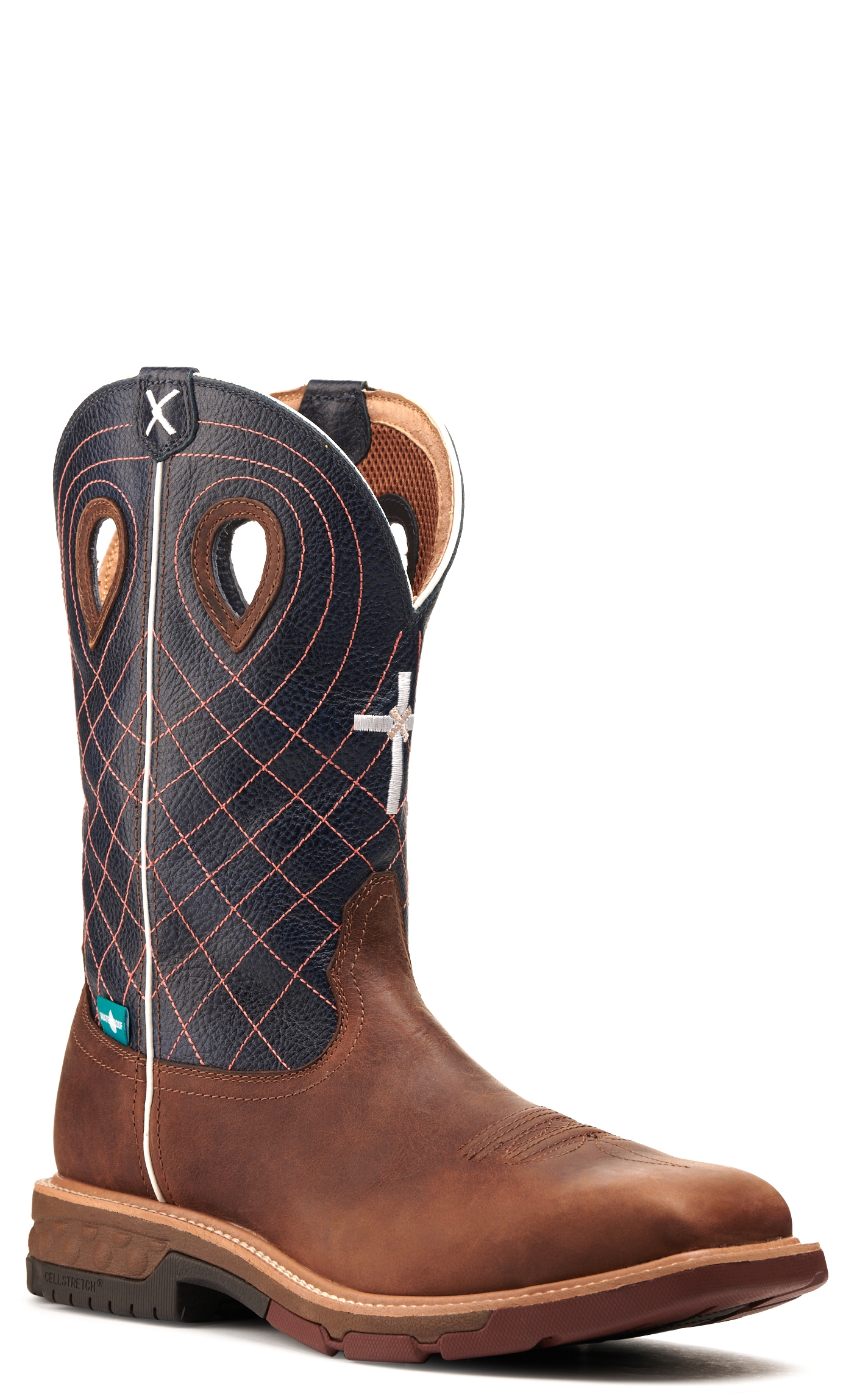 Twisted X Men's Mocha Brown and Navy Blue with Cross Embroidery Waterproof Wide Square Alloy Toe Work Boot - Image 1