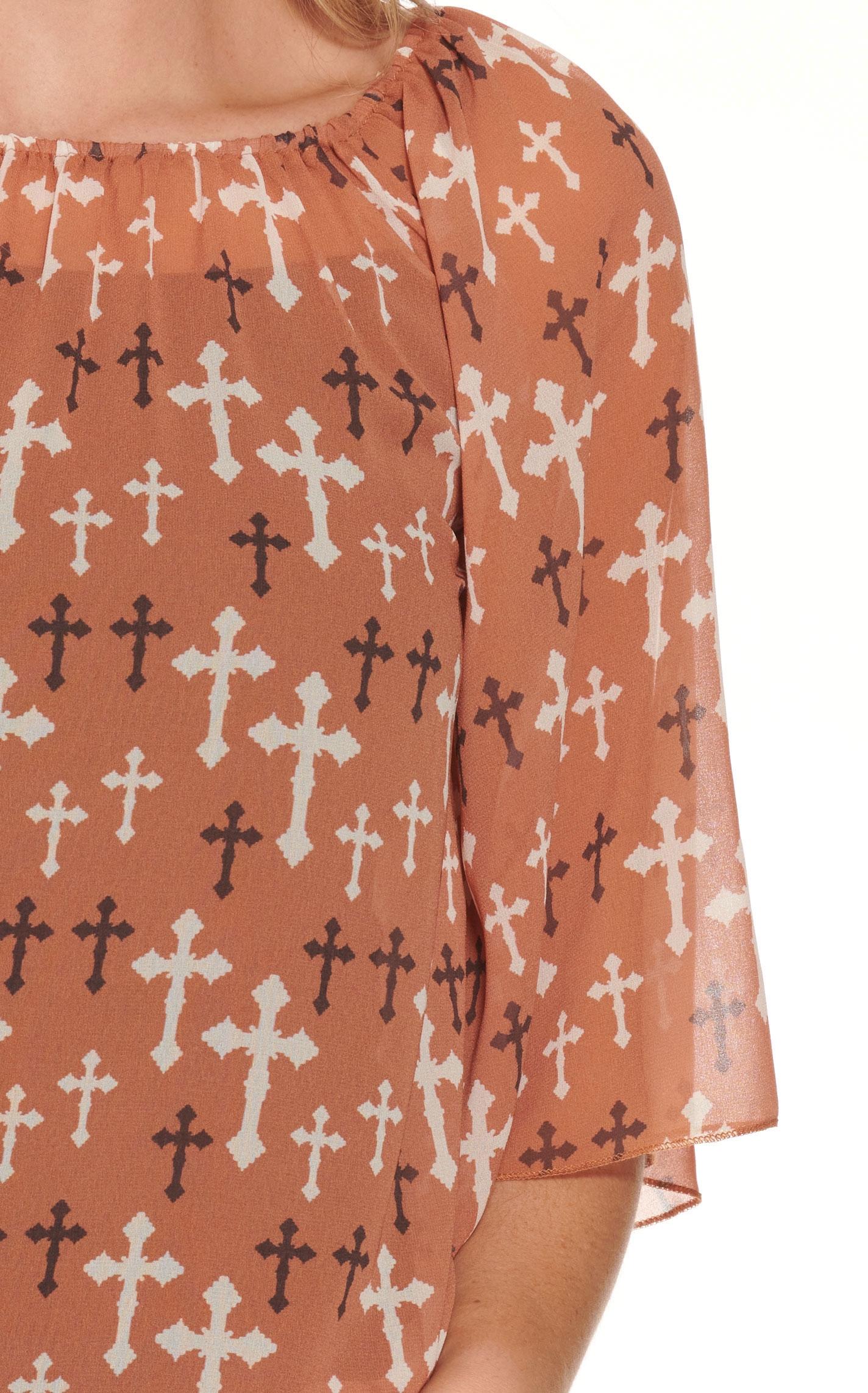 Cowgirl Hardware Women's Rust with Cream and Brown Cross Print 3/4 Bell Sleeves Top - Image 1