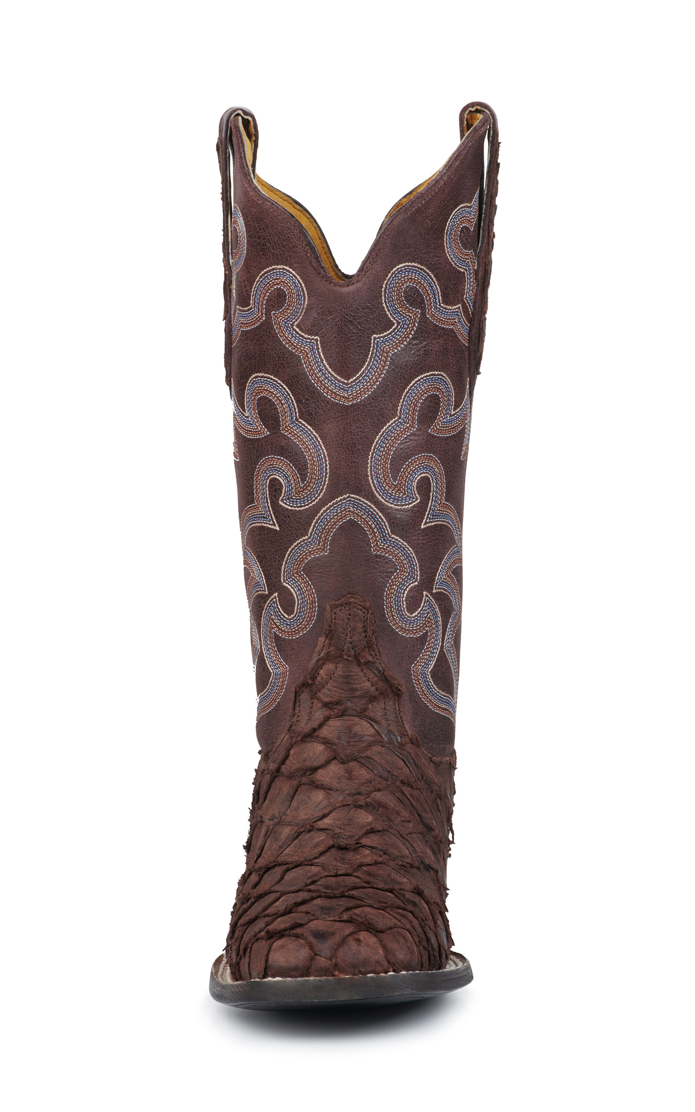 Cavender's Women's Cigar Brown Pirarucu and Chocolate Wide Square Toe Exotic Cowboy Boots - Image 1