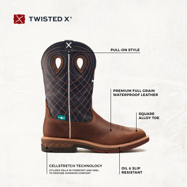 Twisted X Men's Mocha Brown and Navy Blue with Cross Embroidery Waterproof Wide Square Alloy Toe Work Boot - Image 1