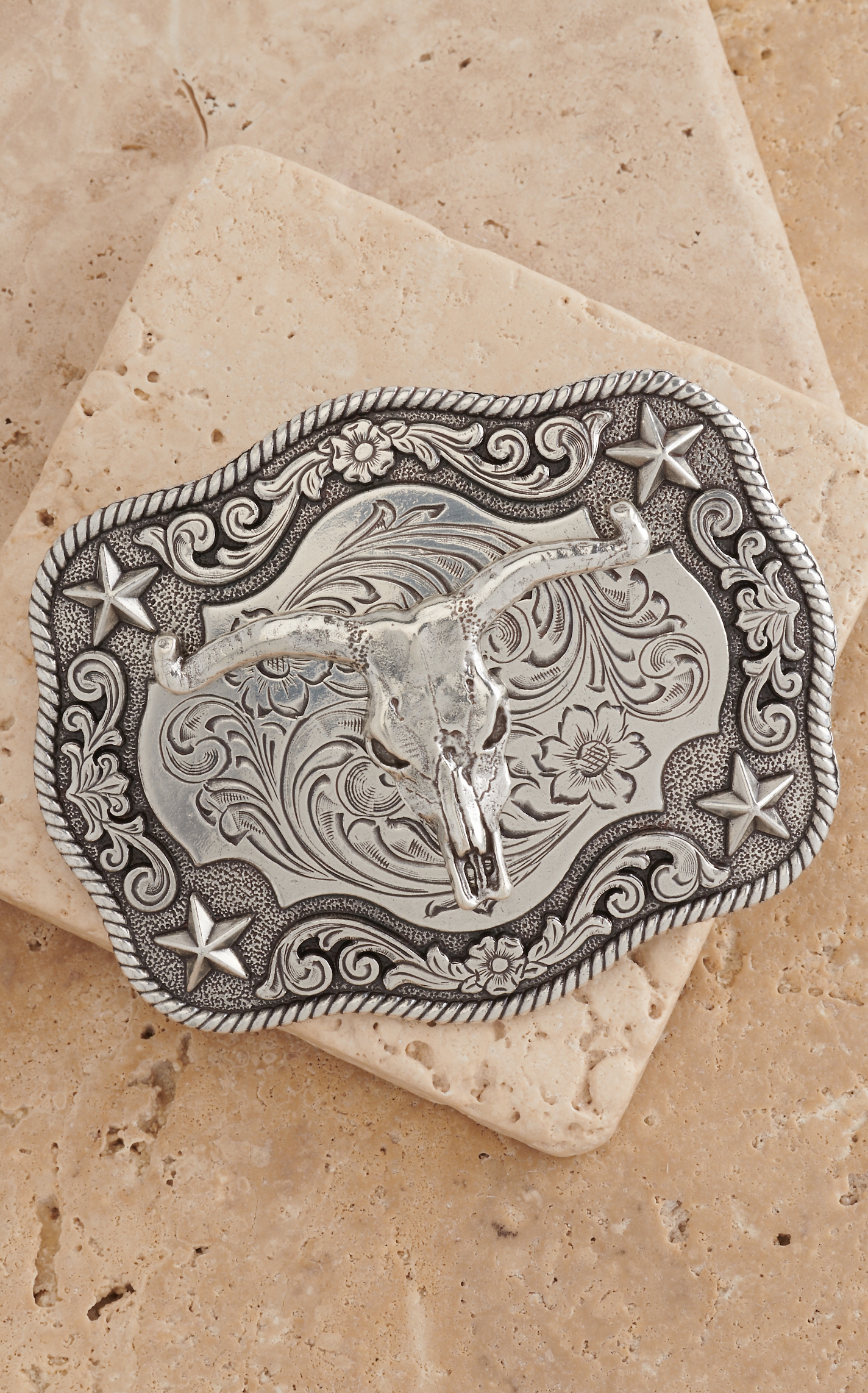 Nocona Silver Steerhead with Stars Western Rectangle Belt Buckle - Image 1