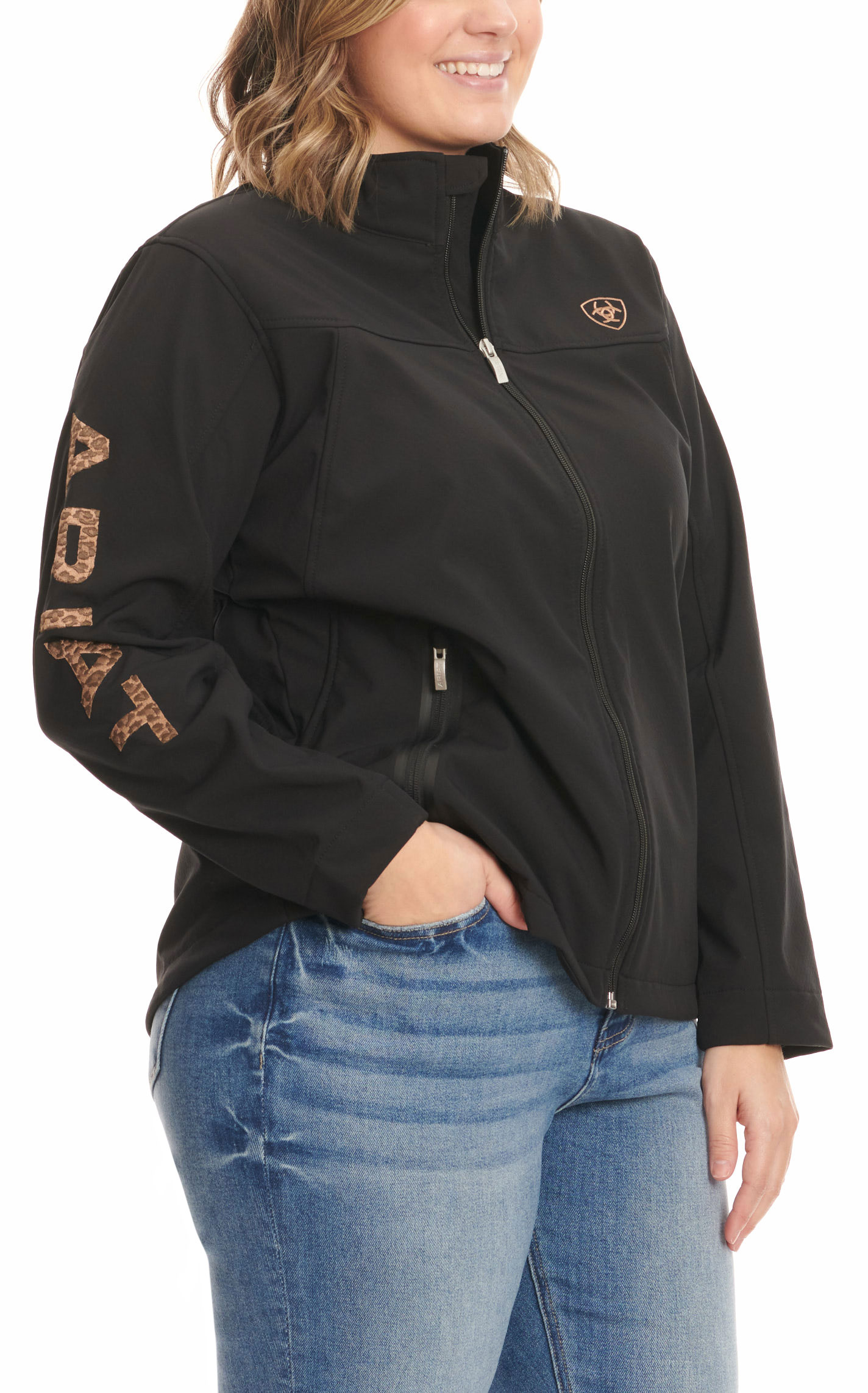 Ariat Women's Black with Leopard Print Logo Sleeve New Team Softshell Jacket - Plus Sizes - Image 1