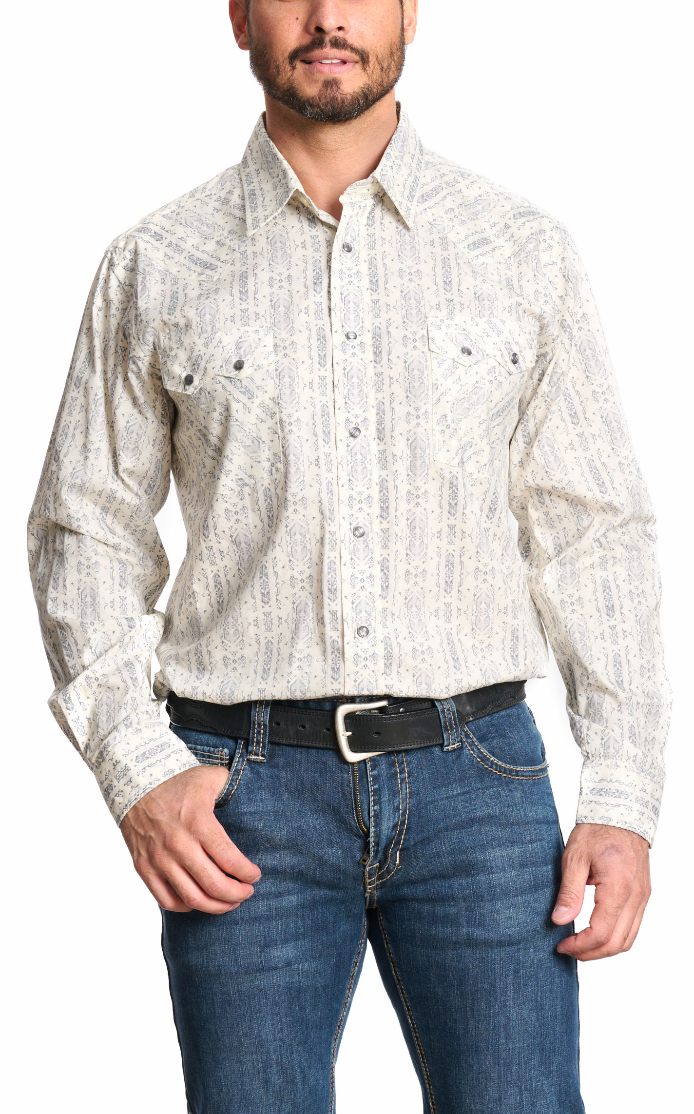 Panhandle Men's Cream & Gray Aztec Western Shirt - Image 3