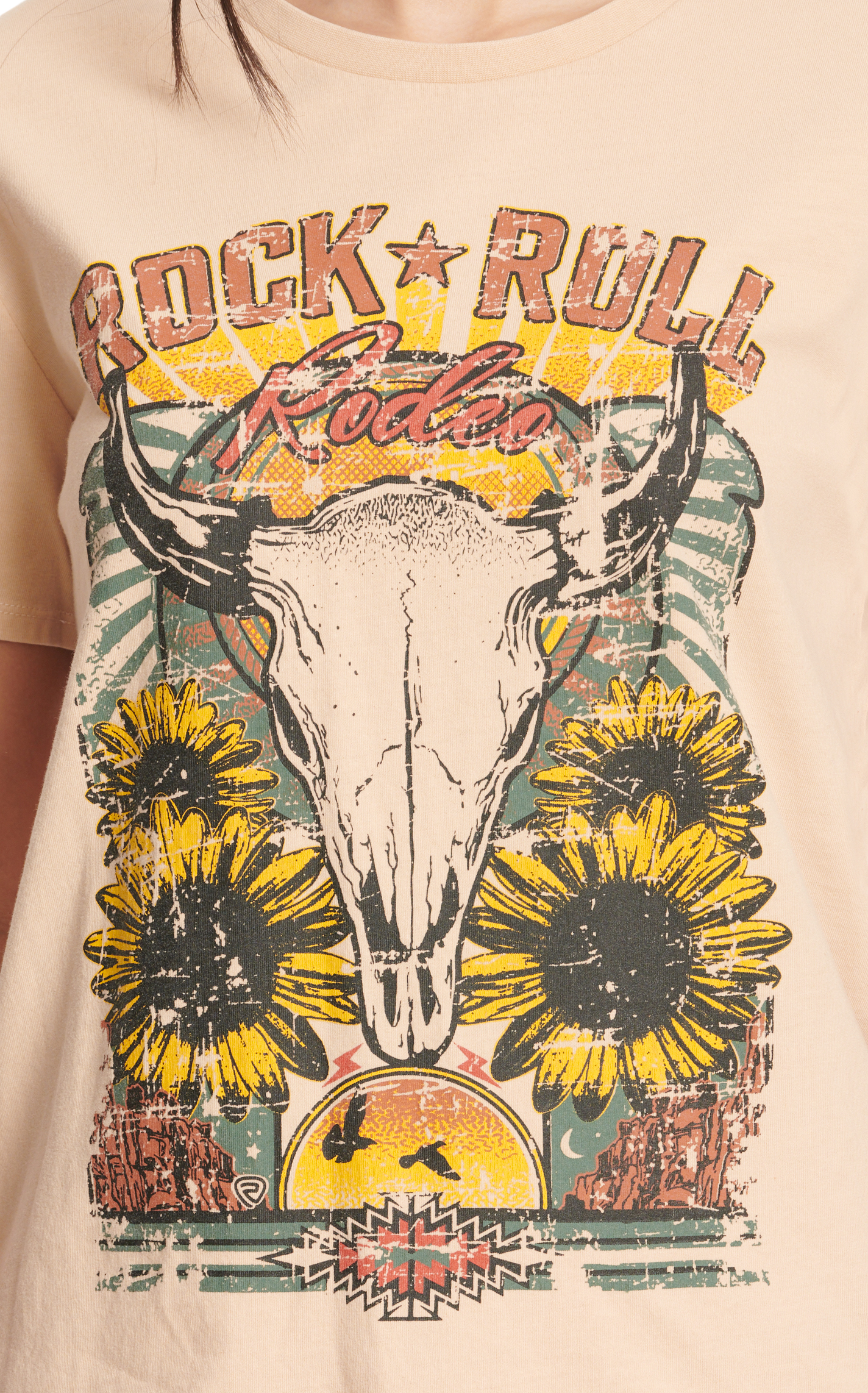 Rock & Roll Denim Women's Latte Skull & Sunflower Logo Graphic T-Shirt - Image 1