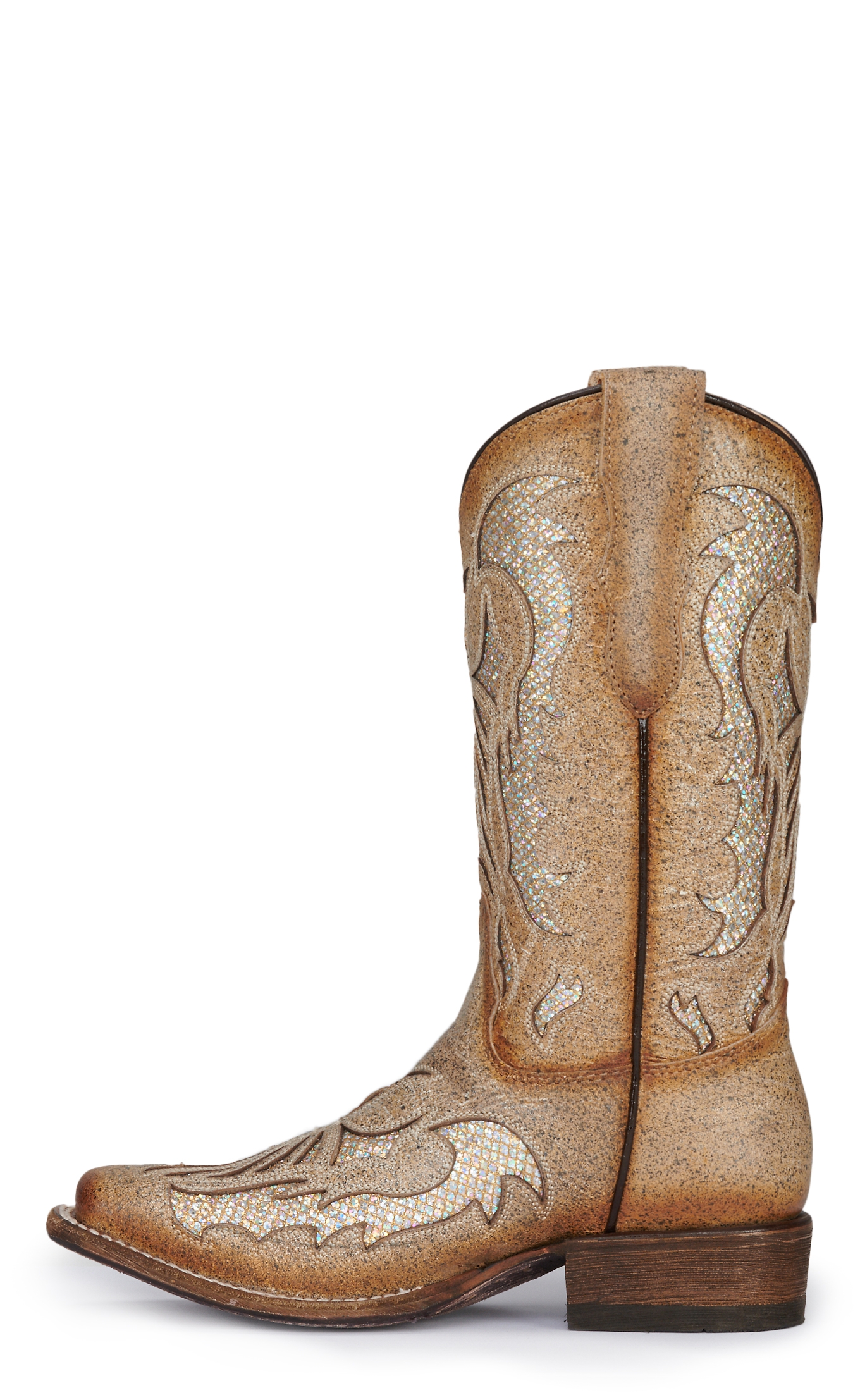 Corral Girl's Tan with Gold Glitter Inlay Square Toe Cowboy Boots - Image 1