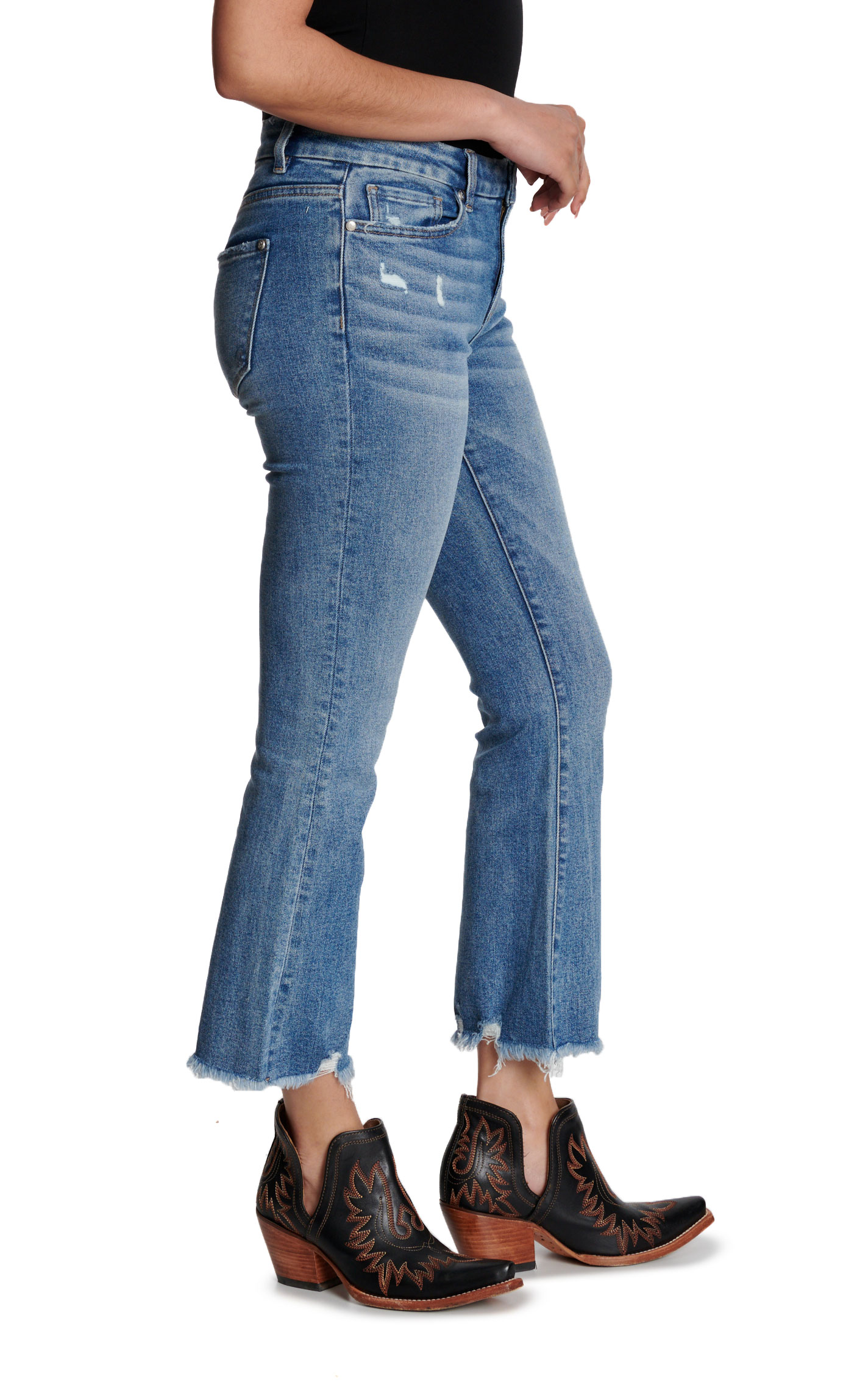 Rockin C Women's Light Wash Raw Hem Cropped Flare Jeans - Image 1