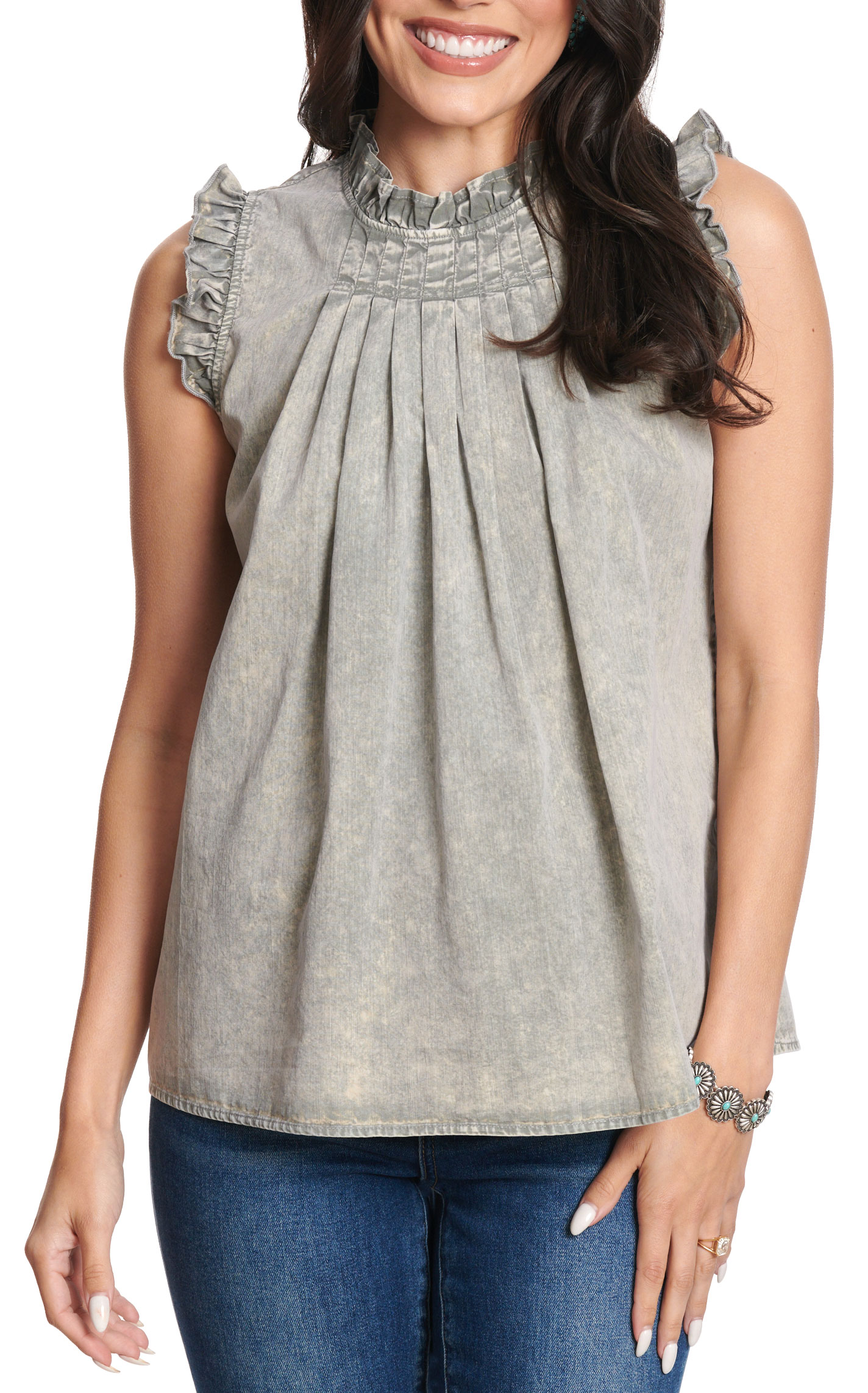 MAZIK Women's Pale Gray Pleated Ruffle Tank Top - Image 1