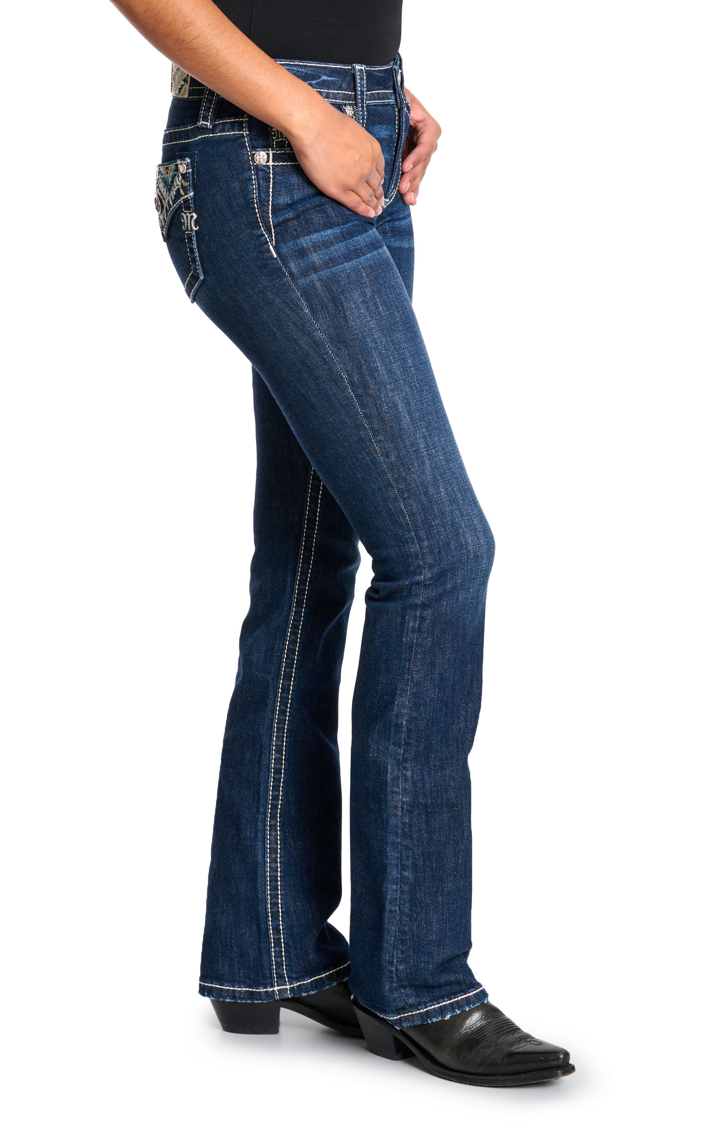 Miss Me Women's Dark Wash Aztec Embroidery Faux Flap Bootcut Jeans - 34\