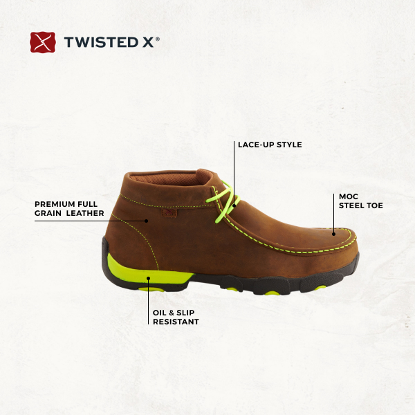 Twisted X Men's Distressed Brown with Neon Yellow Laces Chukka Driving Moc Steel Toe Work Shoe - Image 1